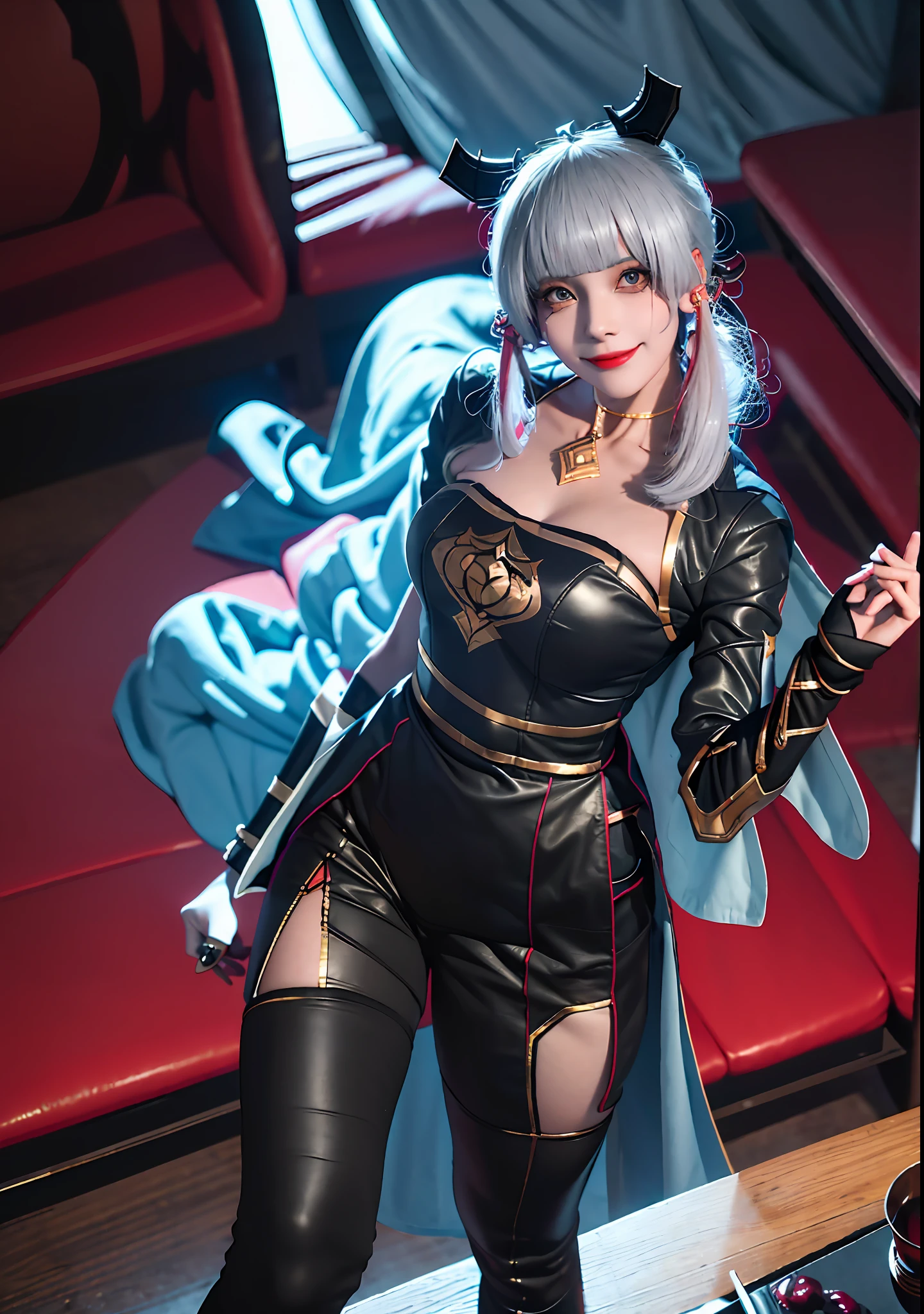 (Masterpiece, best quality), a colleague brainwashed by dark energy and turned into a demon, dark energy, evil eyes, evil smile, dark girl, corrupt girl, dark woman, evil energy, villain, villain, villain, full_body, whole body, (evil smile, coquettish smile,), leggings: 1.5, camel toe: 1.5