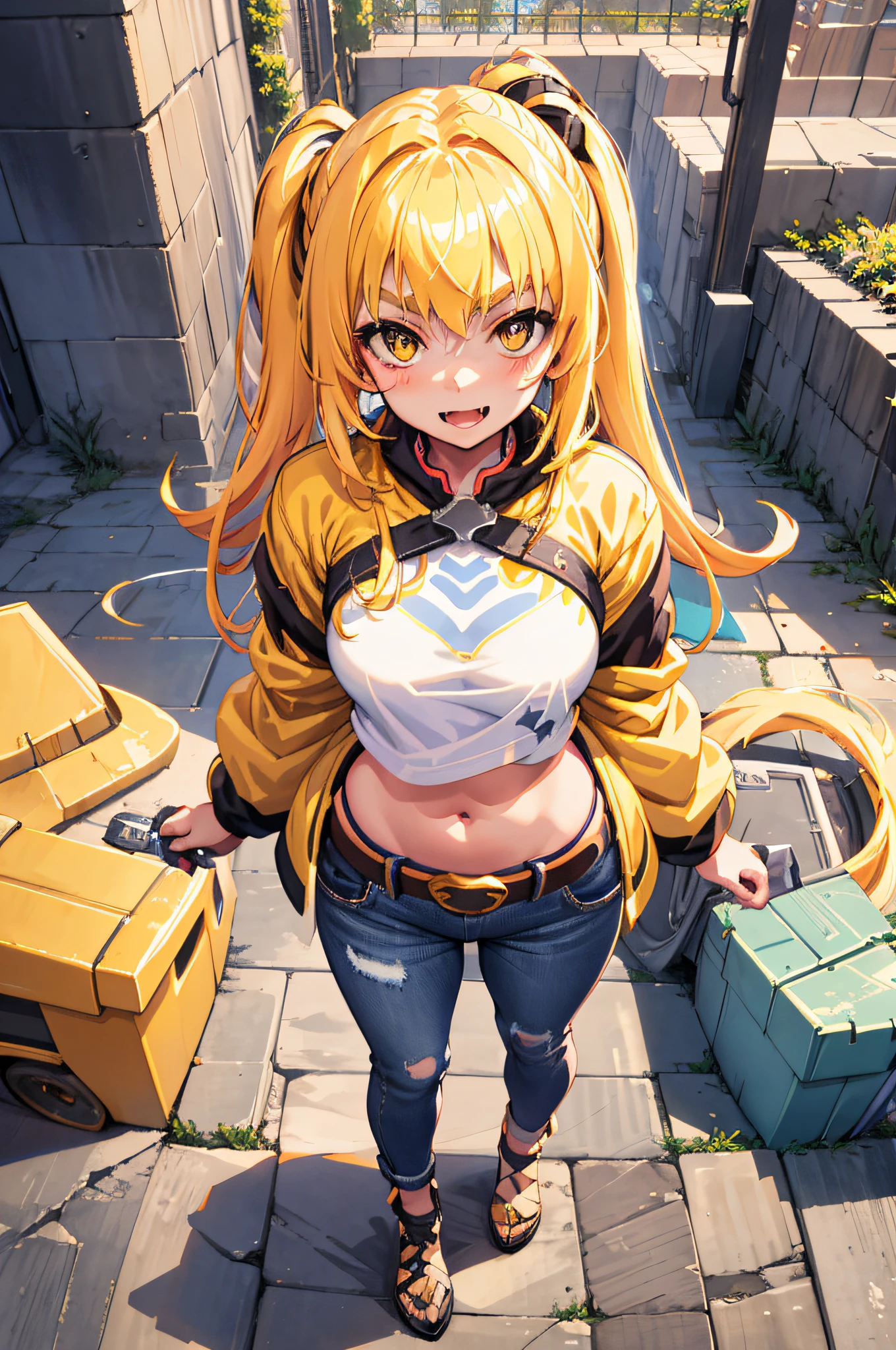 Original Character, Volumetric Lighting, Best Shadows, Shallow Depth of Field, Portrait Of Stunningly Beautiful Girl, Petite, Delicate Beautiful Attractive Face With Alluring Yellow Eyes, Messy Painted Face, Sharp Eyebrows, Broadly Smiling, Open Mouth, Fangs Out, Lovely Medium Breasts, Layered Long Twintail Blond Hair, Blush Eyeshadow, Thick Eyelashes, Applejack Hat, Oversized Pop Jacket, Mini Underboob Tee, Open Navel, Slim Waist, Denim Jeans Pants, With Buckle Belt, In The Graffiti Alley, Waste Container, Outside Stairs, Outdoor Unit, Holding Spray Paint Can, Standing, (Highest Quality, Amazing Details:1.25), (Solo:1.3), Brilliant Colorful Paintings