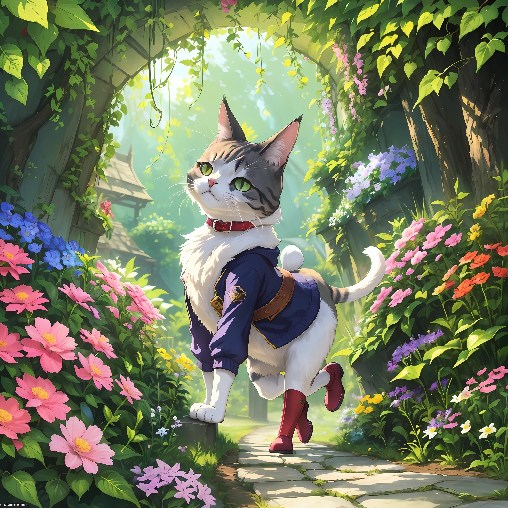 there is a cat that is walking through a garden with flowers, sora as a cat, collectible card art, high detailed official artwork, ahri, official art, anime cat, anthropomorphic female cat, by Yang J, official anime artwork, full art, anime visual of a cute cat, official character art, an anthro cat, cute detailed digital art