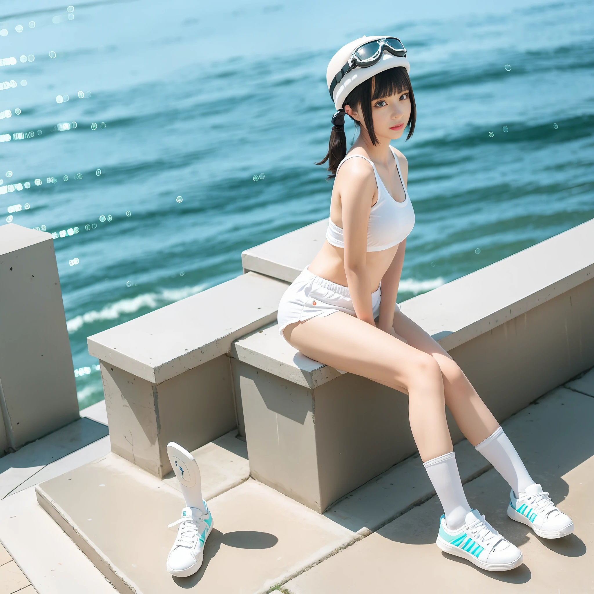 1girl, 3d, bangs, black_hair, blunt_bangs, blurry, blurry_background, blurry_foreground, bokeh, chromatic_aberration, depth_of_field, eyewear_on_head, figure, goggles, goggles_on_head, goggles_on_headwear, kneehighs, looking_at_viewer, motion_blur, photo_\(medium\), white_legwear, realistic, shoes, shorts, sitting, shoes, solo,horizon, ocean, outdoors, pool, poolside, railing,