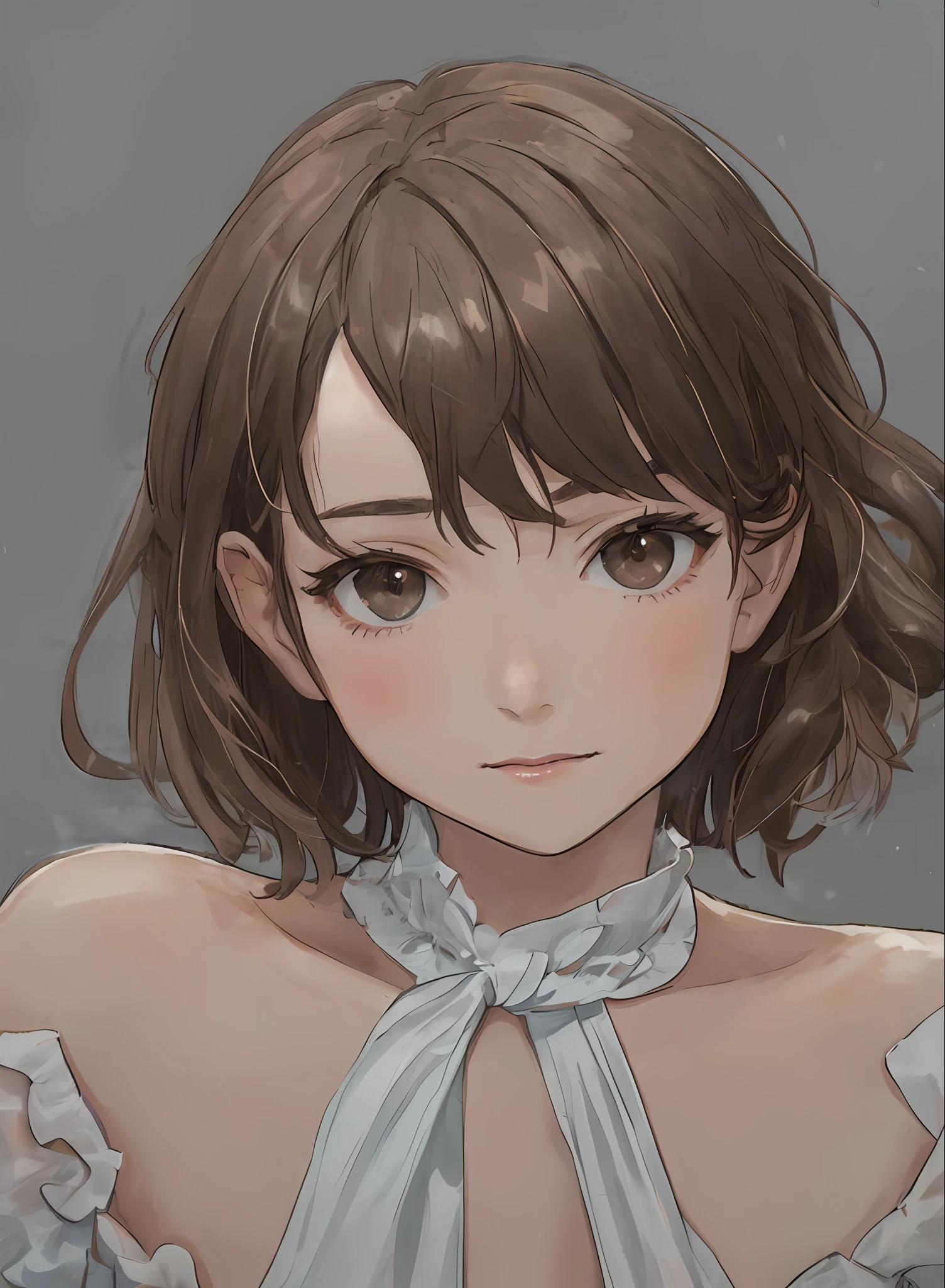 Delicate-looking but determined young woman. She has dark brown hair, with a short, stripped down cut, that falls slightly over her shoulders. His eyes are vivid and expressive, of a light brown hue that conveys curiosity and emotion.
  Your skin is clear,