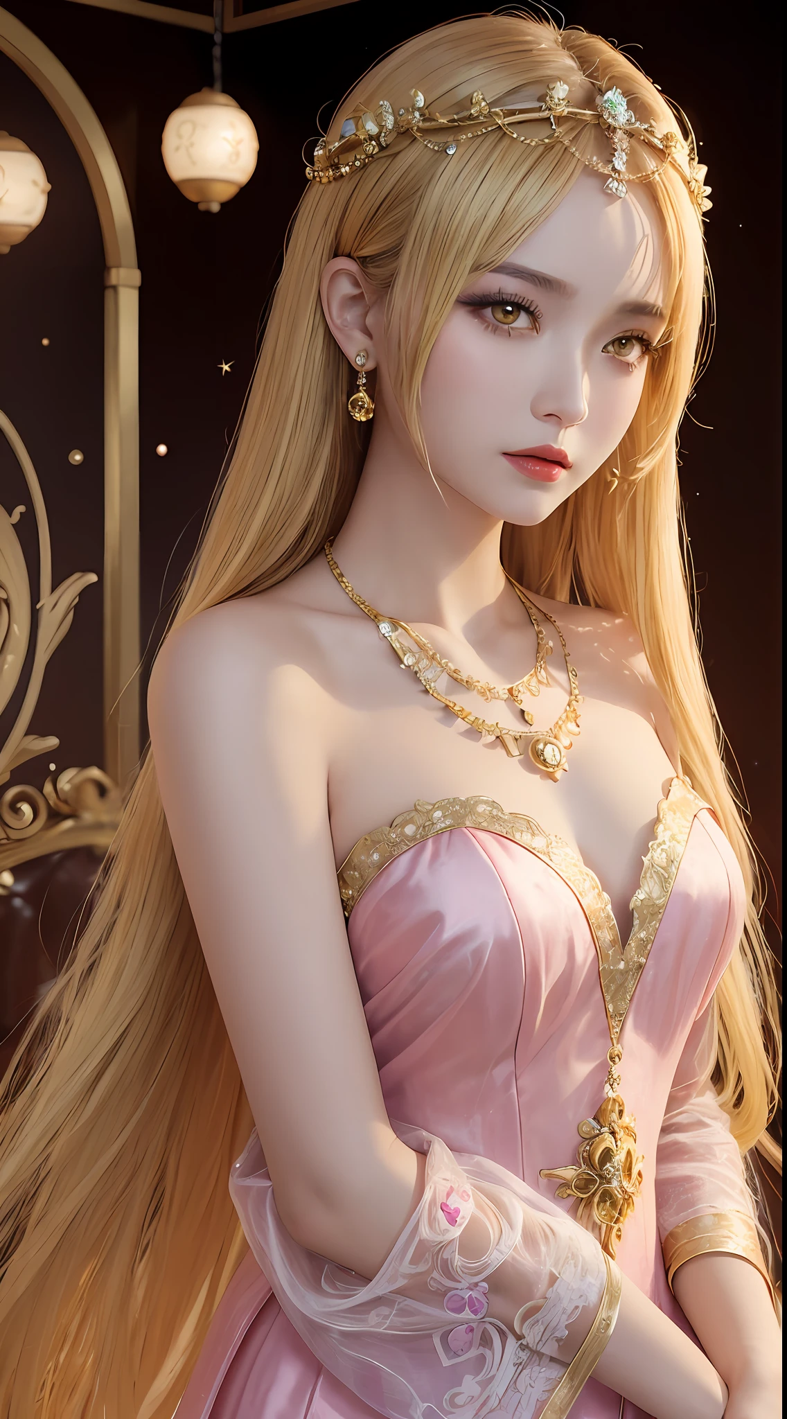 1 27-year-old girl, 1 zodiac goddess from the future, goddess of the pink and purple 12 zodiacs, the goddess of the zodiac in a yellow ao dai, a 12 zodiac ao dai with many black lace detail, mythology Goddess of the 12 zodiacs from the future, zodiac ♏, luxurious glittering zodiac style, dark and mysterious version, zodiac crown, lipstick lips red, thin and beautiful lips, mouth closed, characters made by karol bak and pino daeni, intricate detail, detailed background, extremely detailed, light magic, a woman, clear face, look at the face of goddess zodiac look at the zodiac goddess face, hair long with bangs, beautiful face in detail and well-proportioned eyes, (transparent yellow eyes: 1.8), big round eyes and very beautiful and detailed makeup, foresight, silk dress, mysterious makeup , double bangs and dyed light blonde, upper body, zodiac goddess upper body, arms hanging loosely, Realistic and vivid photo, (stars make up the zodiac: 1.7), (sky background zodiac and fictitious space and time portal: 1.8), fiction art, RAW photo, hanfu picture, best photo, high_res, best quality, best photo quality, 8k quality, 8k ultra, super realistic, real photo most economical, artistic portrait of goddess zodiac, single portrait of 1 zodiac goddess, The most realistic color scheme, the best photo color, masterpiece, hair ornament, necklace, jewelry, Beautiful face, upon body, tyndall effect, photo realistic, dark studio, rim lighting, two tone lighting, (high detailed skin:1.2), 8k uhd, dslr, soft lighting, high quality, volumetric lighting, candid, Photograph, high resolution, 4k, 8k, Bokeh,