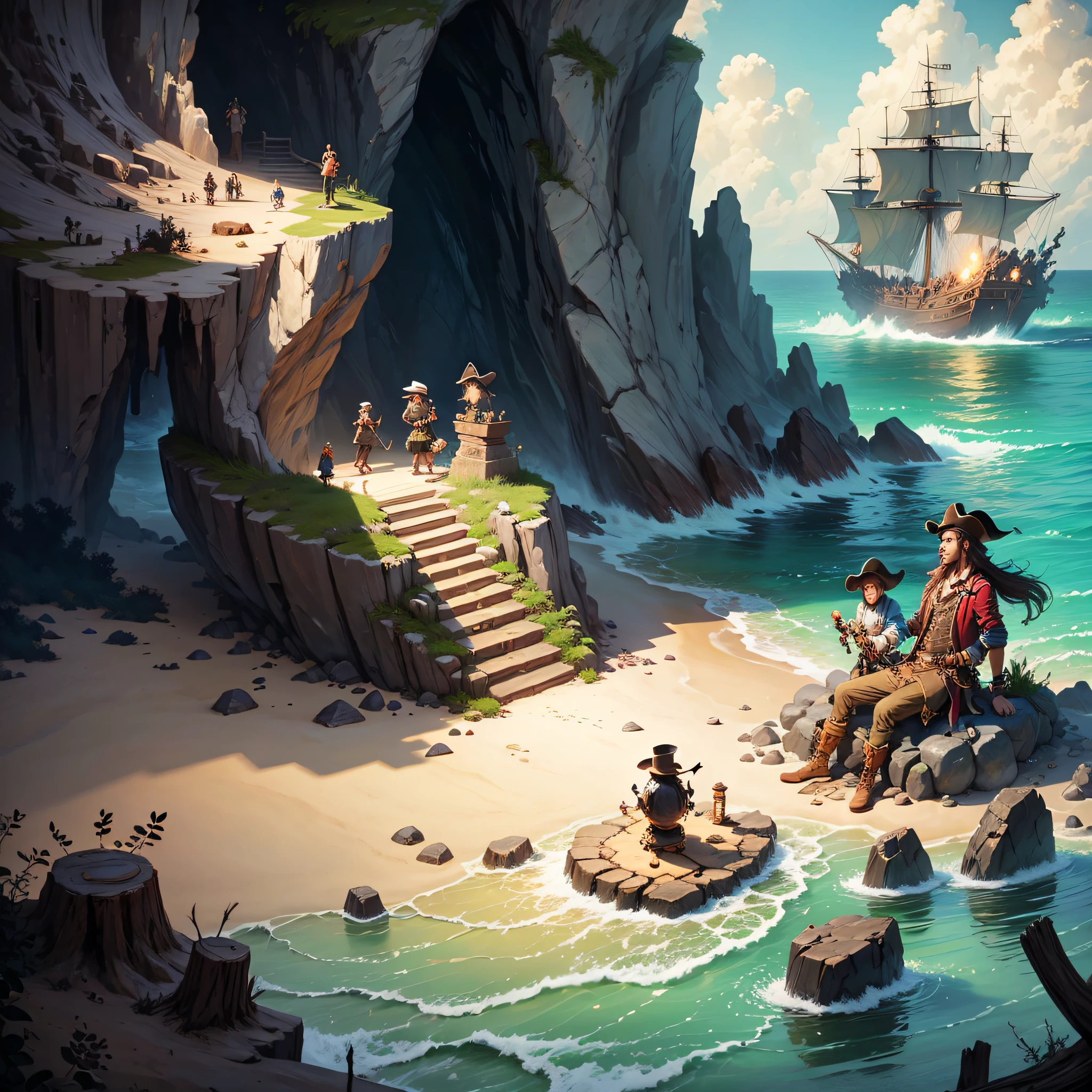 treasure island; pirates looking for treasure, a dark cave hidden where the treasure is --auto --s2