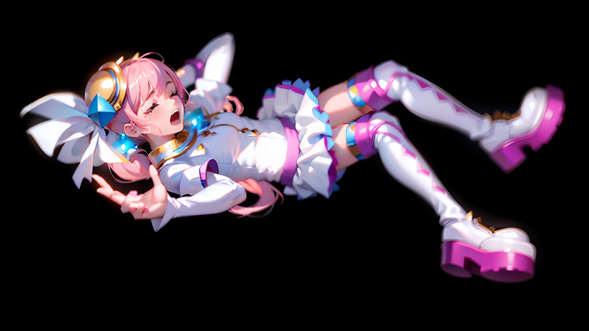 (Lora+QuickHand:1.2),(Masterpiece:1.5),(Best Quality:1.5),8K resolution,(Perfect Hand:1.5), a girl's beautiful expression of screaming and crying with her eyes closed, knocked down, (pink hair: 1.3+ single ponytail), (white blouse: 1.2), (pink pleated skirt: 1.2), (pink over-the-knee socks: 1.2), (beautiful headgear), (white boots: 1.2), (no background: 1.5), (slender legs: 1.2))"