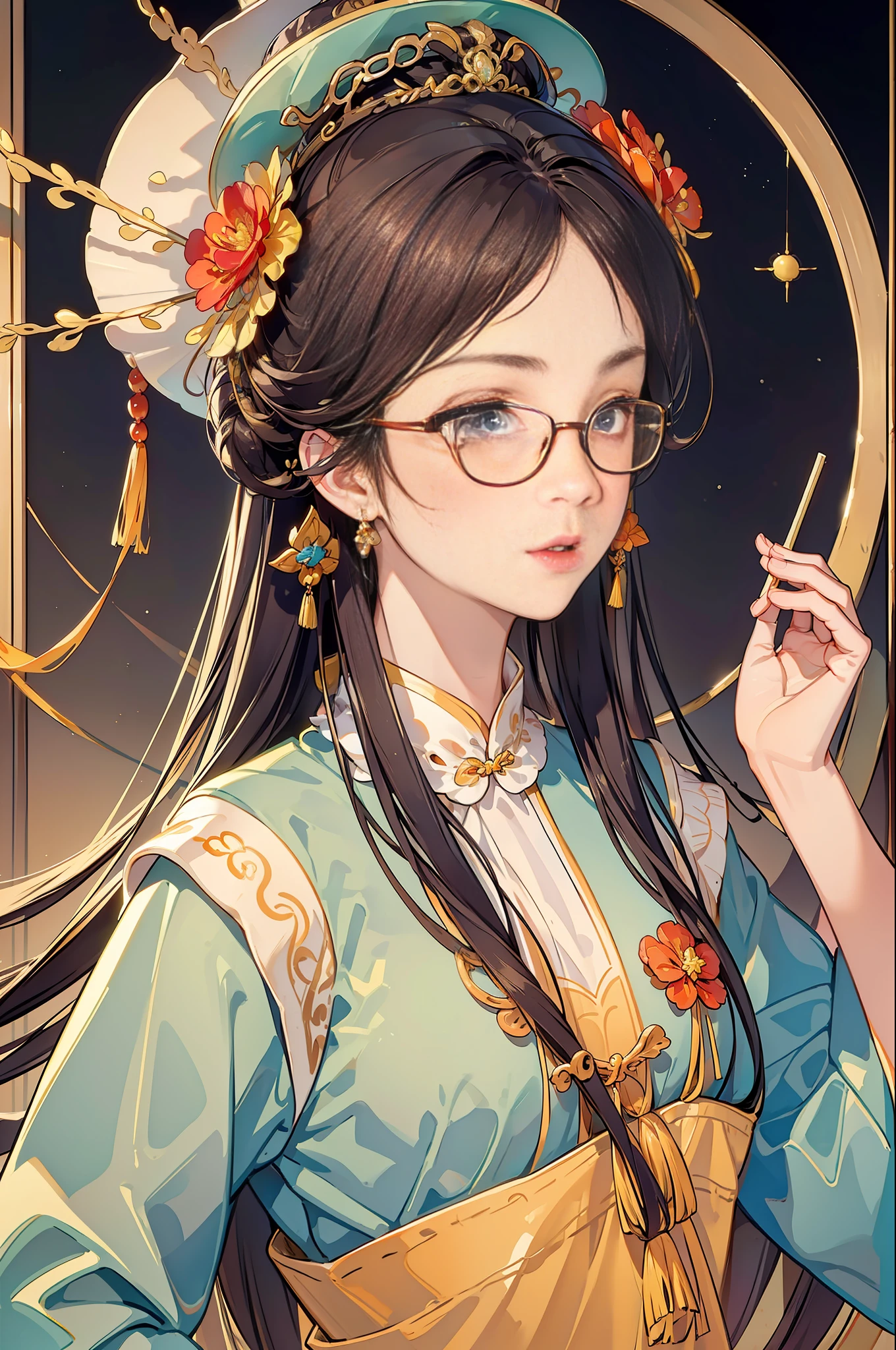 Ridiculous, high resolution, super detailed, 1girl, solo, very detailed eyes, starfish, shells, shells, flowers, hats, hair accessories, jewelry, straw hats, looking at the audience, sunglasses, hat flowers, straws, hairpins, earrings, red flowers, colored glasses, yellow flowers, bangs, orange flowers, black hair, cups, long hair, orange glasses, milk tea, brown hair, portrait, shell hair ornaments, royal sister, chinese style, ancient china