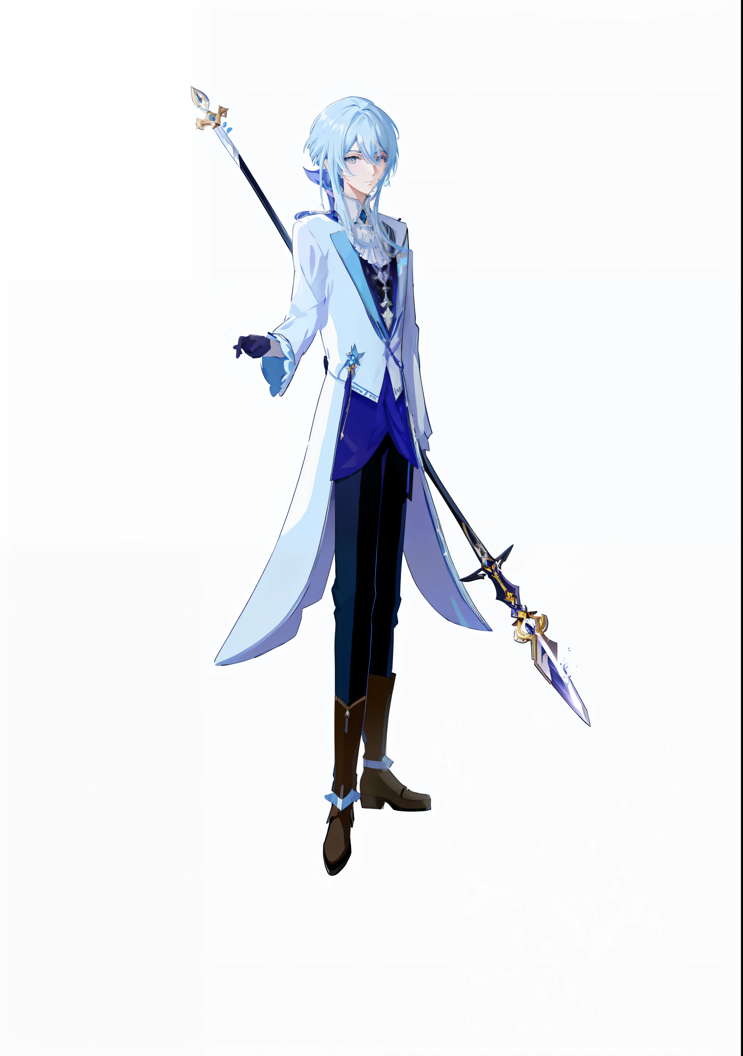 Anime characters with blue hair and sword in white costume, Genshin Impact Kokiyo, Genshin Impact character, Remreze, Genshin Impact, Genshin Impact Nakatachi, Detailed Key Anime Art, Exquisite Hermaphroditic Prince, Muneshima Shigeri illustration, Genshin Impact style, Beautiful Hermaphroditic Prince, Key Anime Art, Genshin Impact