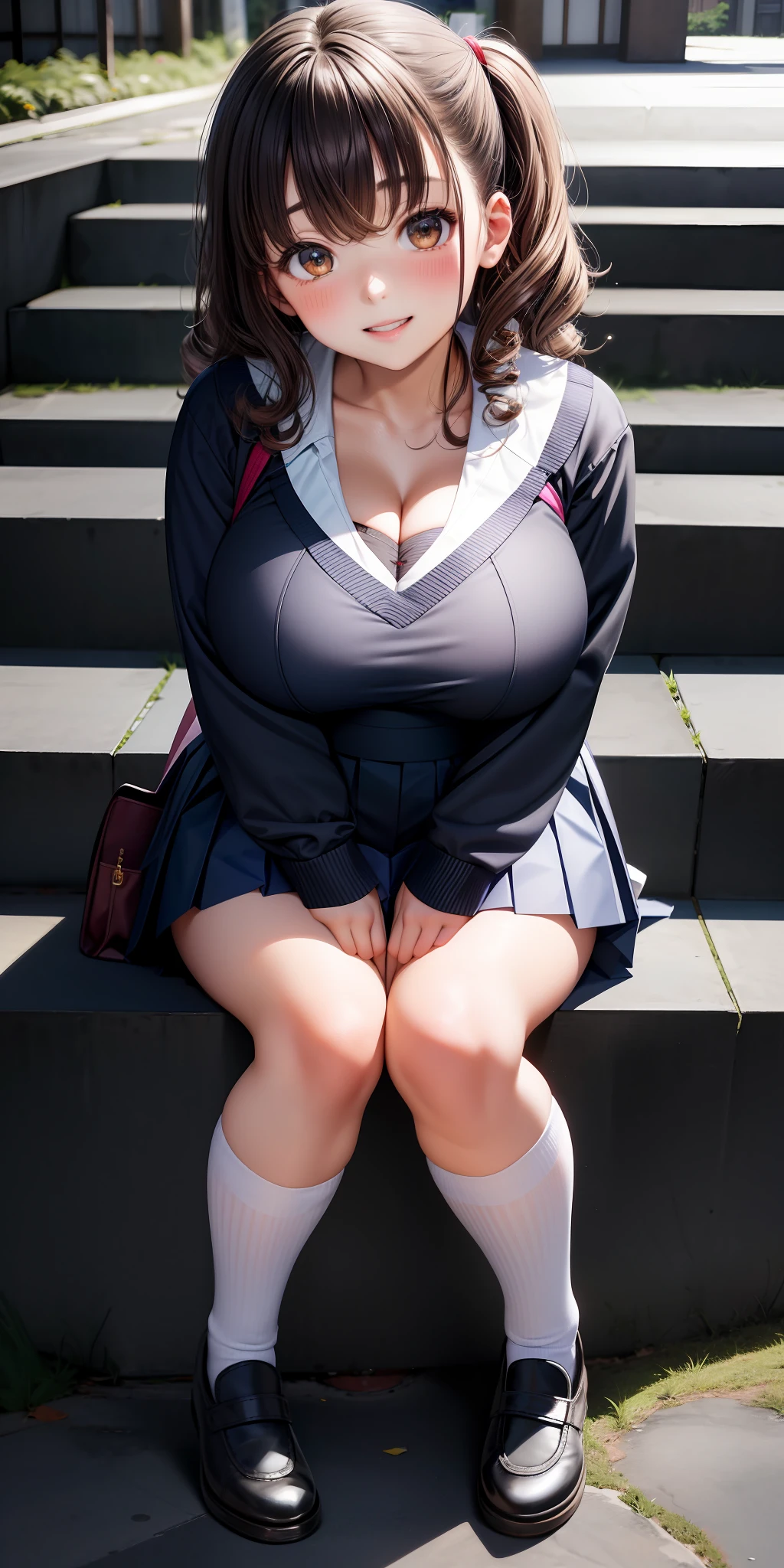 Japan schoolgirl uniform, miniskirt, (sitting squatting with legs wide open), (striped panties visible), curly brown hair, young, cute, beautiful girl, huge breasts, cleavage emphasis, excited face, best body, stairs, straight ahead, looking at the viewer, 8K, very detailed, best image quality, best quality, ultra high definition, masterpiece,