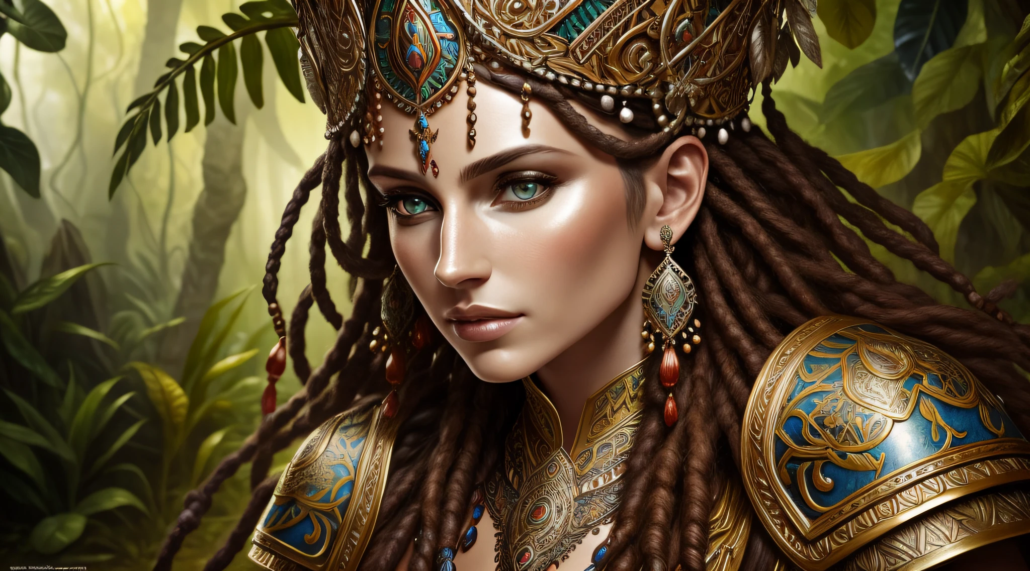 fantasy shaman, beautiful hungarian|indonesian woman, with dreadlocks, wearing ornate intricately decorated leather armor, realistic render, Dungeons and Dragons, Fantasy, octane render, zbrush. Character design, photorealistic, unreal engine, hyper-detailed, concept art, trending on art station. ((best quality)), ((masterpiece)), ((realistic)), (detailed), close up portrait, full body portrait, hazel eyes, wearing leather armor, highly detailed skin and hair, looking at the viewer, Fantasy art, stunning gradient colors, no watermark signature, closed mouth, detailed background, lush jungle, closed mouth, insanely detailed, ((masterpiece)), absurdres, HDR.