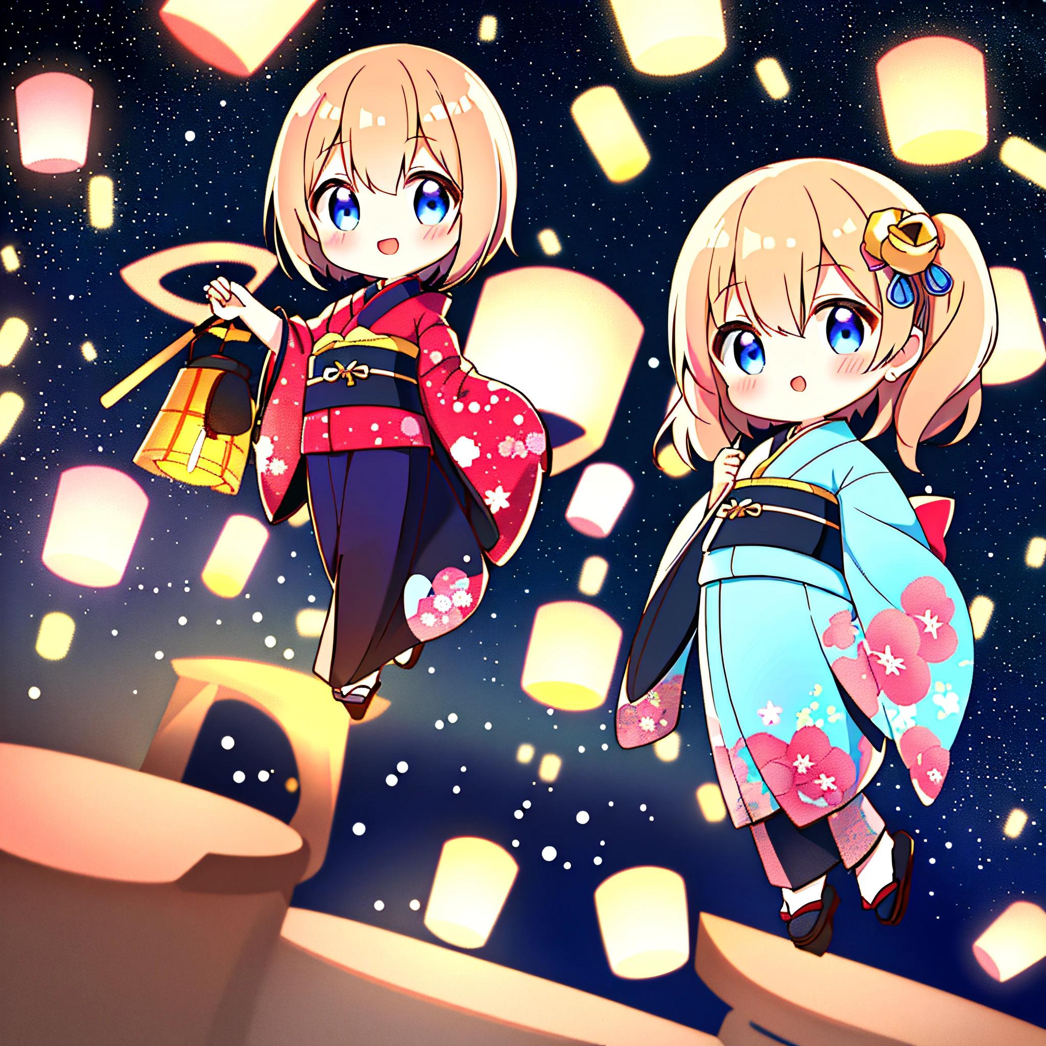 1 girl, (Chibi:1.2), kimono, starry sky, lantern, strip, bamboo ornament, Japan, full body
