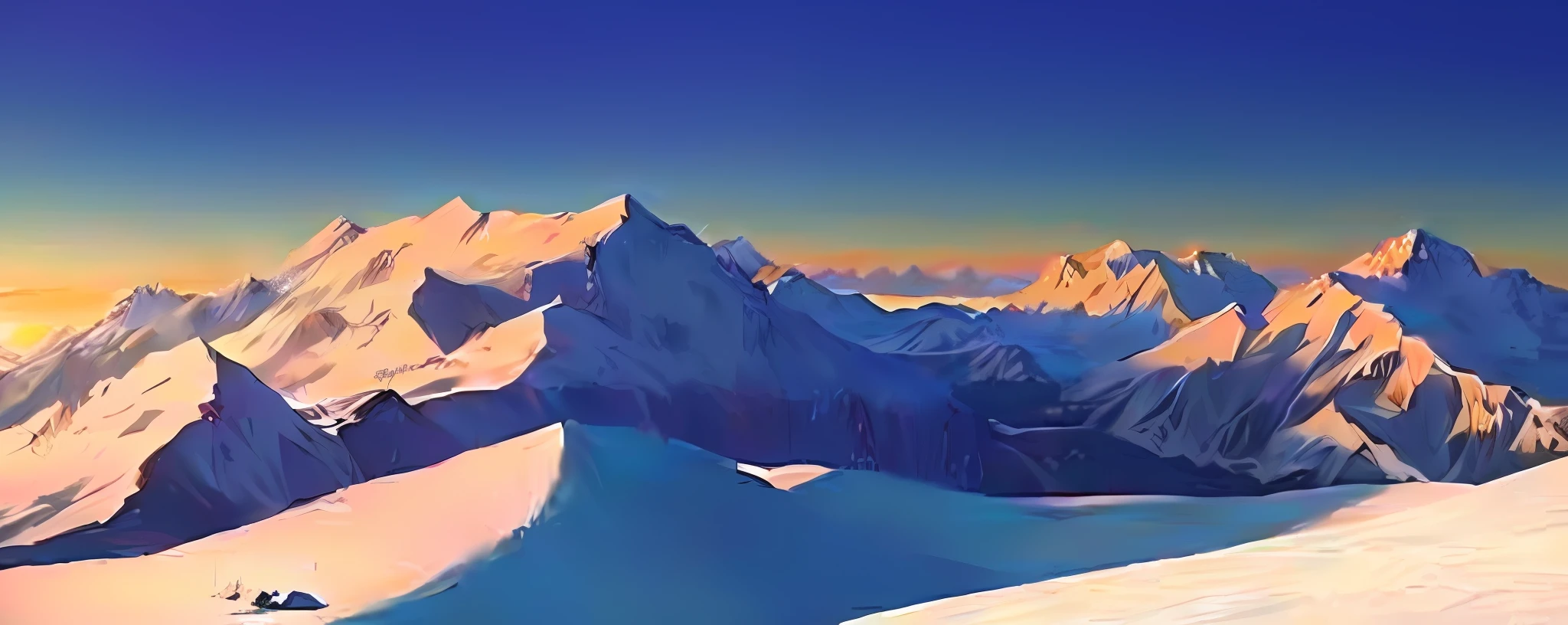 Draw snowy mountains with a beautiful dark sunset, dark sky, high mountains, anime style, demon slayer style, anime art, art demon slayer, mountains in a background, mountainous landscape, laurent durieux, moutains, icy mountains, alps, snow-capped mountains, background mountains, in the snow mountains