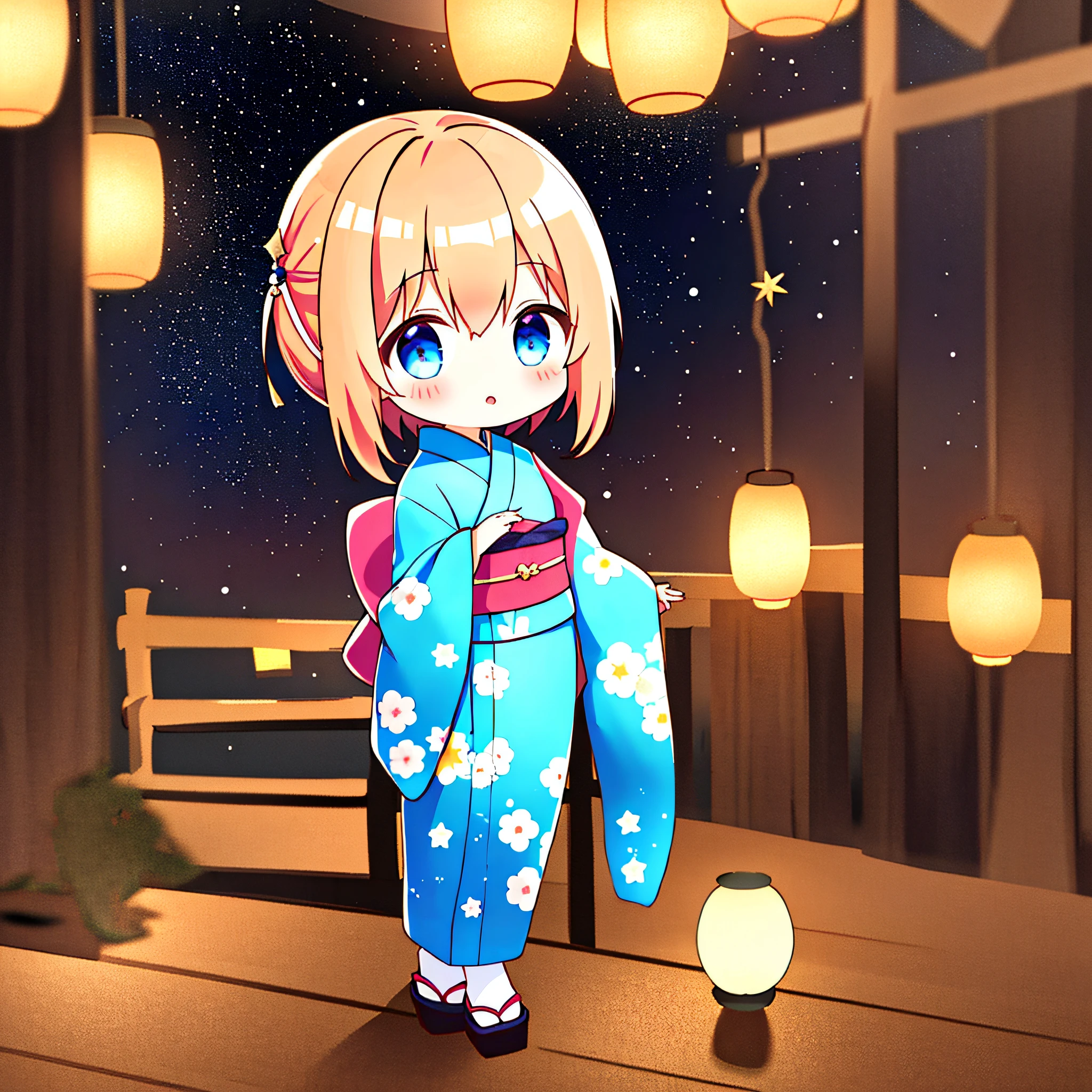 1 girl, (Chibi:1.2), kimono, starry sky, lantern, ?????, bamboo ornament, Japan, full body