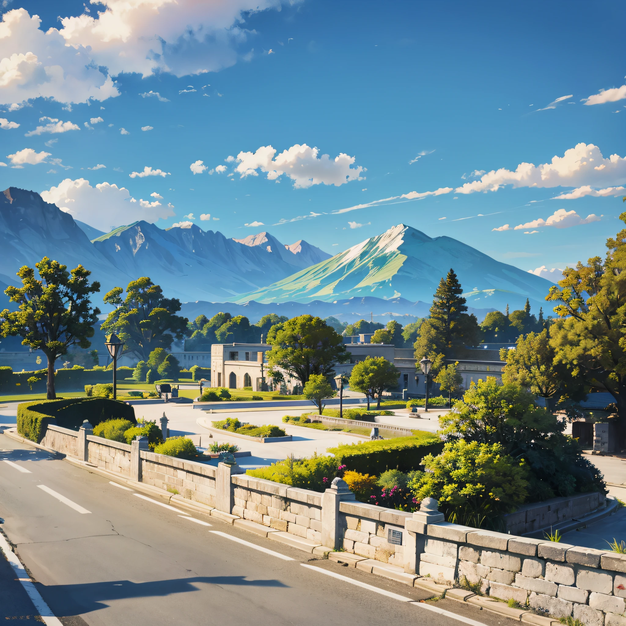 Entering the gate, there were two or three cars on the way to the courtyard, and then walked, the sky was blue, and there were several mountains in the distance --auto --s2
