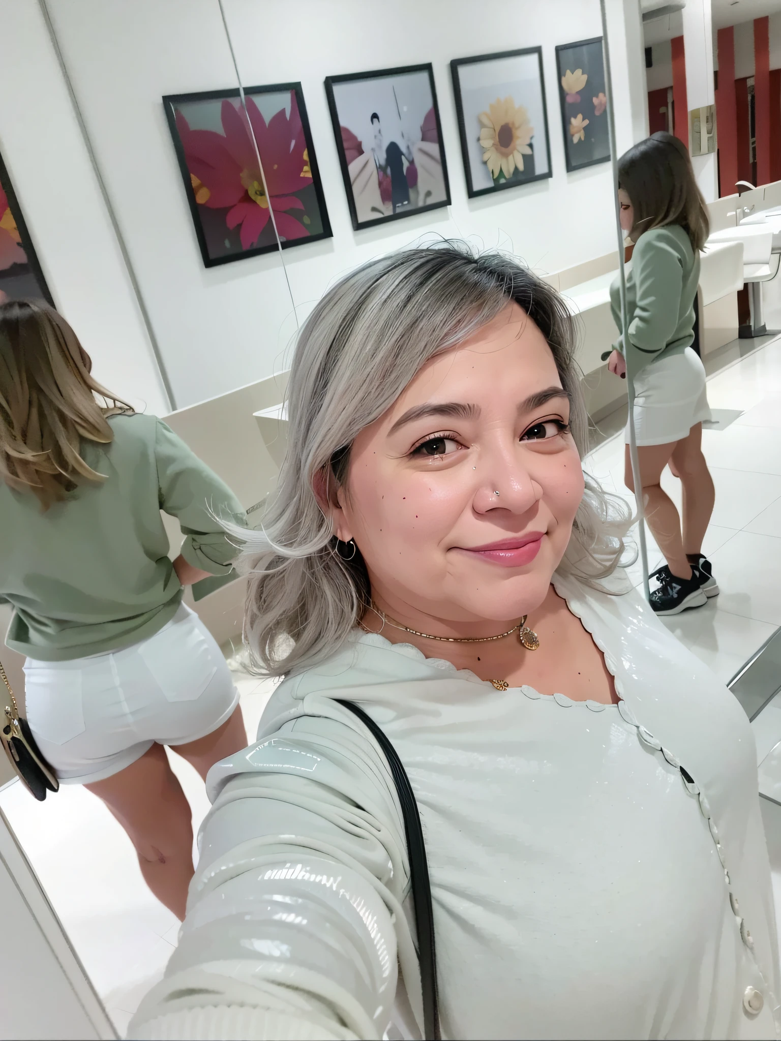 there is a woman taking a selfie in a mirror, by Nándor Katona, ayahausca, outfit photo, frontal picture, profile image, foto realista, wearing white clothes, beutifull, 8k)), in white clothes, with short hair, by Gina Pellón, wearing white skirt, selfie of a young woman --auto --s2