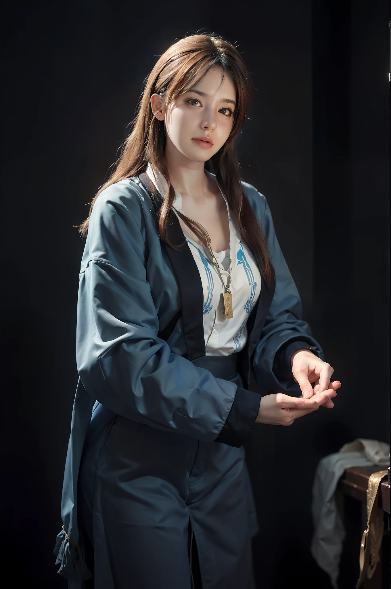 Hyperrealist portrait of female by david hockney and alphonse mucha,fantasy art, photo realistic, dynamic lighting, artstation, poster, volumetric lighting, very detailed faces, 4 k, award winning,, 1girl, in the dark, deep shadow, low key,cowboy shot,(official clothing:1.4) ,long hair,white hair,