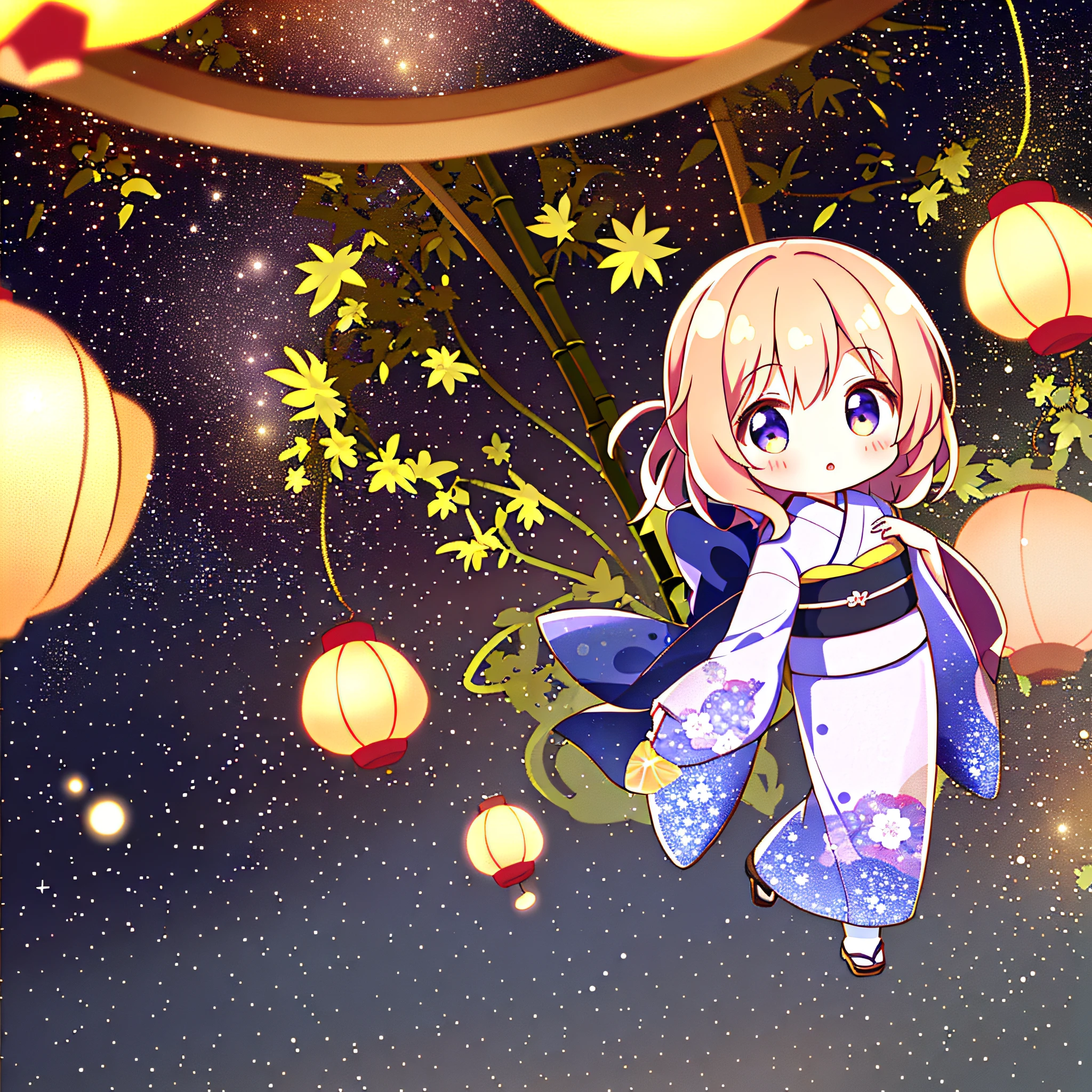 1 girl, (Chibi:1.2), kimono, starry sky, lantern, strip, bamboo ornament, Japan, full body