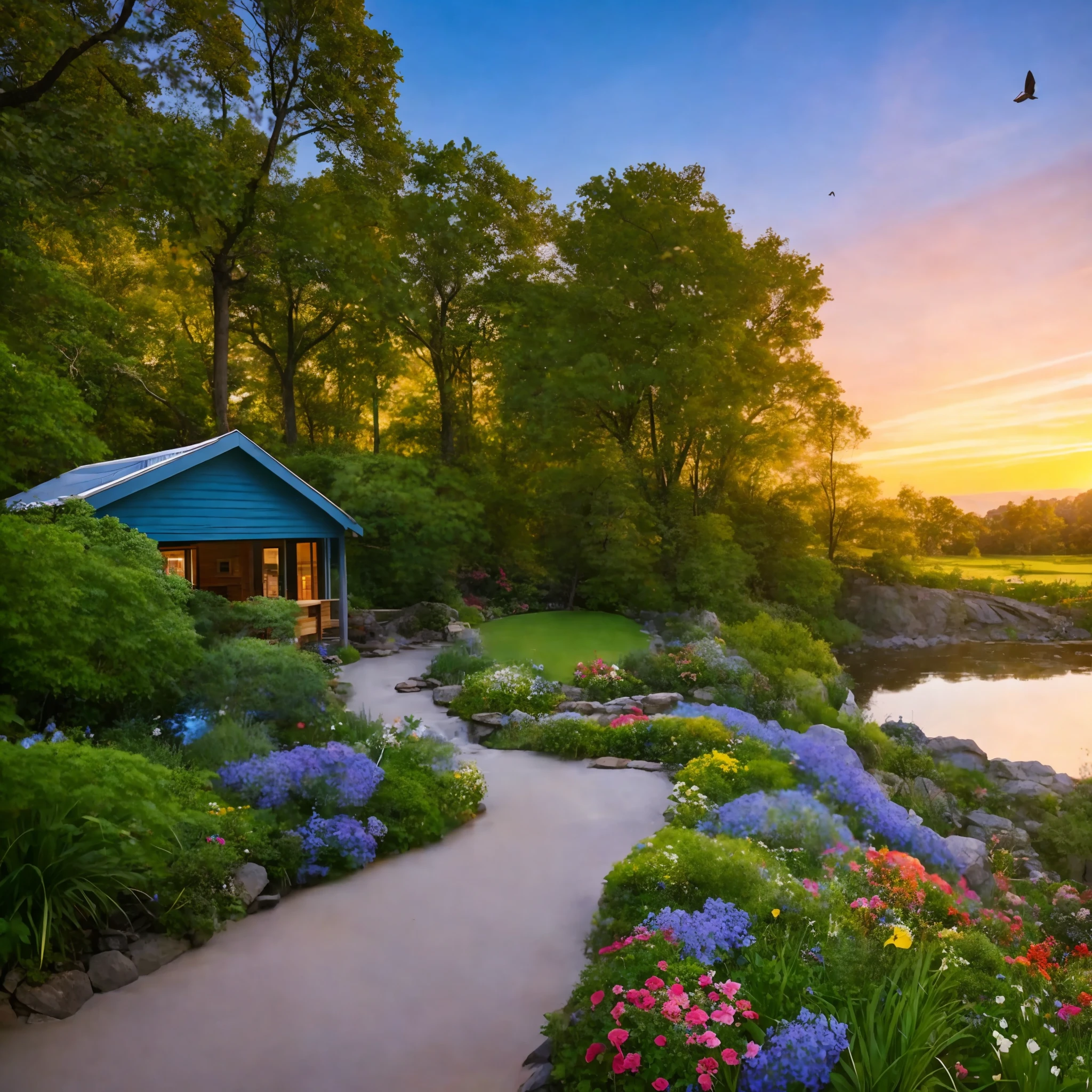 House next to a waterfall on a lake, with a path of stones and a field of flowers. A forest nearby. Blue sky at sunset. Birds flying. Butterflies in flowers. Dogs playing in the green grass.