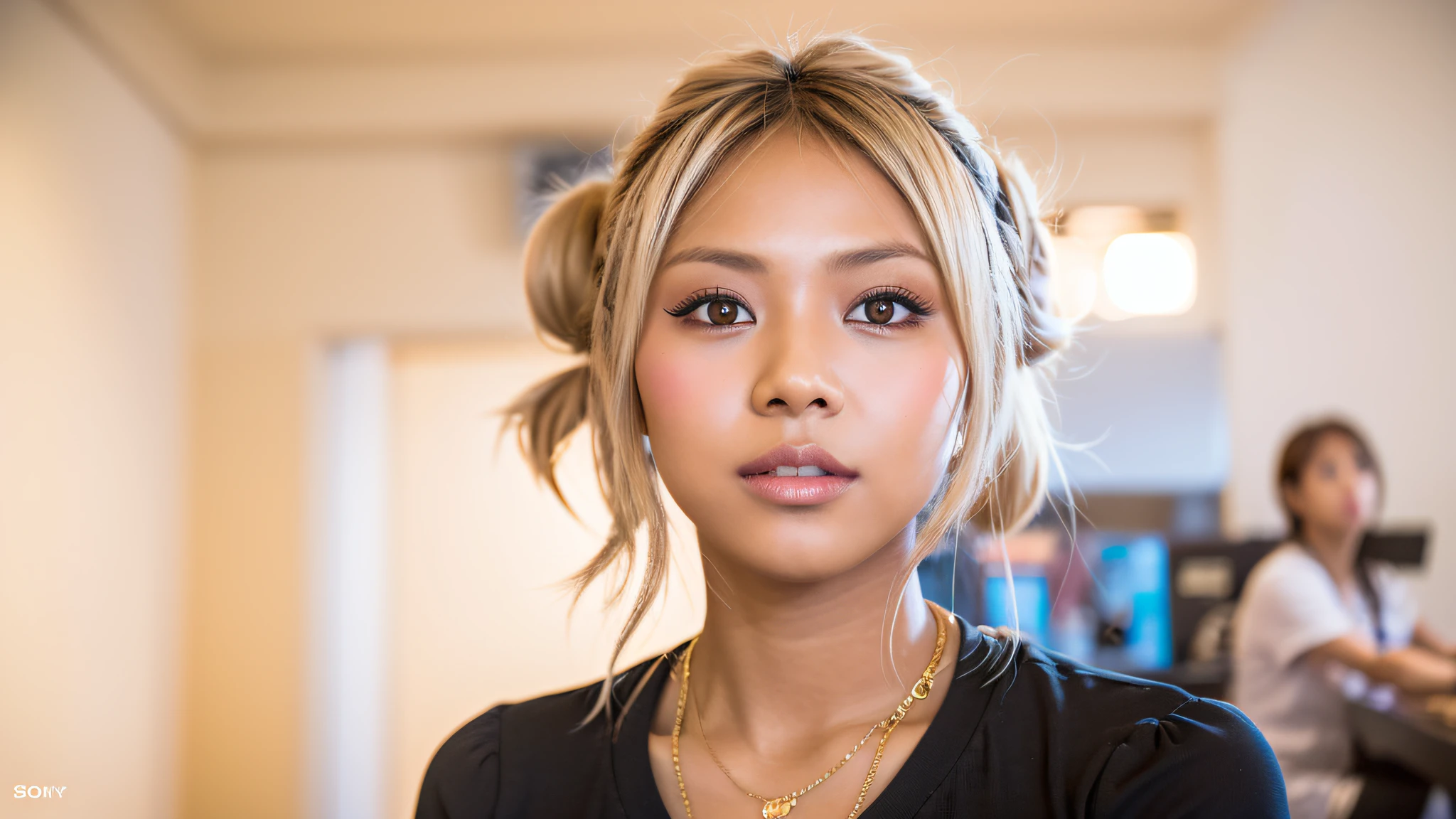 gyaru, dark-skinned, working hard, Sony α7, 35mm Lens, f1.8, film grain, golden hour, soft lighting,