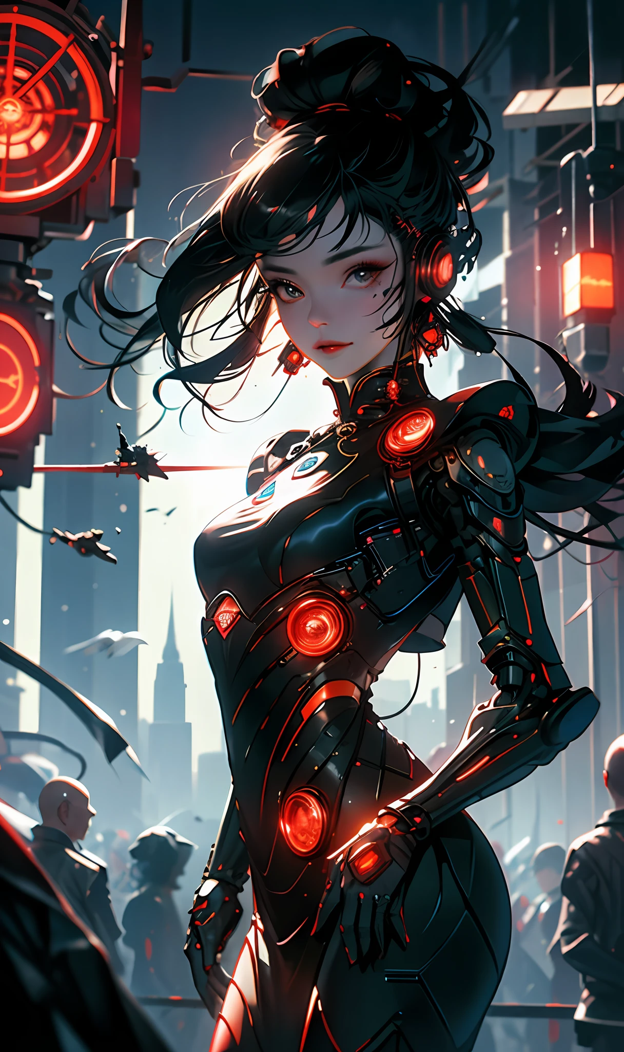 1 girl, Chinese_clothes, liquid black titanium and red, cyberhan, cheongsam, cyberpunk city, dynamic pose, detailed luminous headphones, luminous hair accessories, long hair, luminous earrings, luminous necklace, cyberpunk, high-tech city, full of mechanical and futuristic elements, futuristic, technology, glowing neon, red, red light, transparent black tulle, black ribbon, laser, digital background urban sky, big moon, with vehicles, best quality, masterpiece, 8K, character edge light, Ultra-high detail, high quality, the most beautiful woman in human beings, smiling slightly, face facing front and left and right symmetry, ear decoration, beautiful pupils, light effects, visual data, dark black hair, ultra-detailed facial texture, bright leather red gloves, elevation shooting, surreal light and shadow, complex brush strokes, complex lines