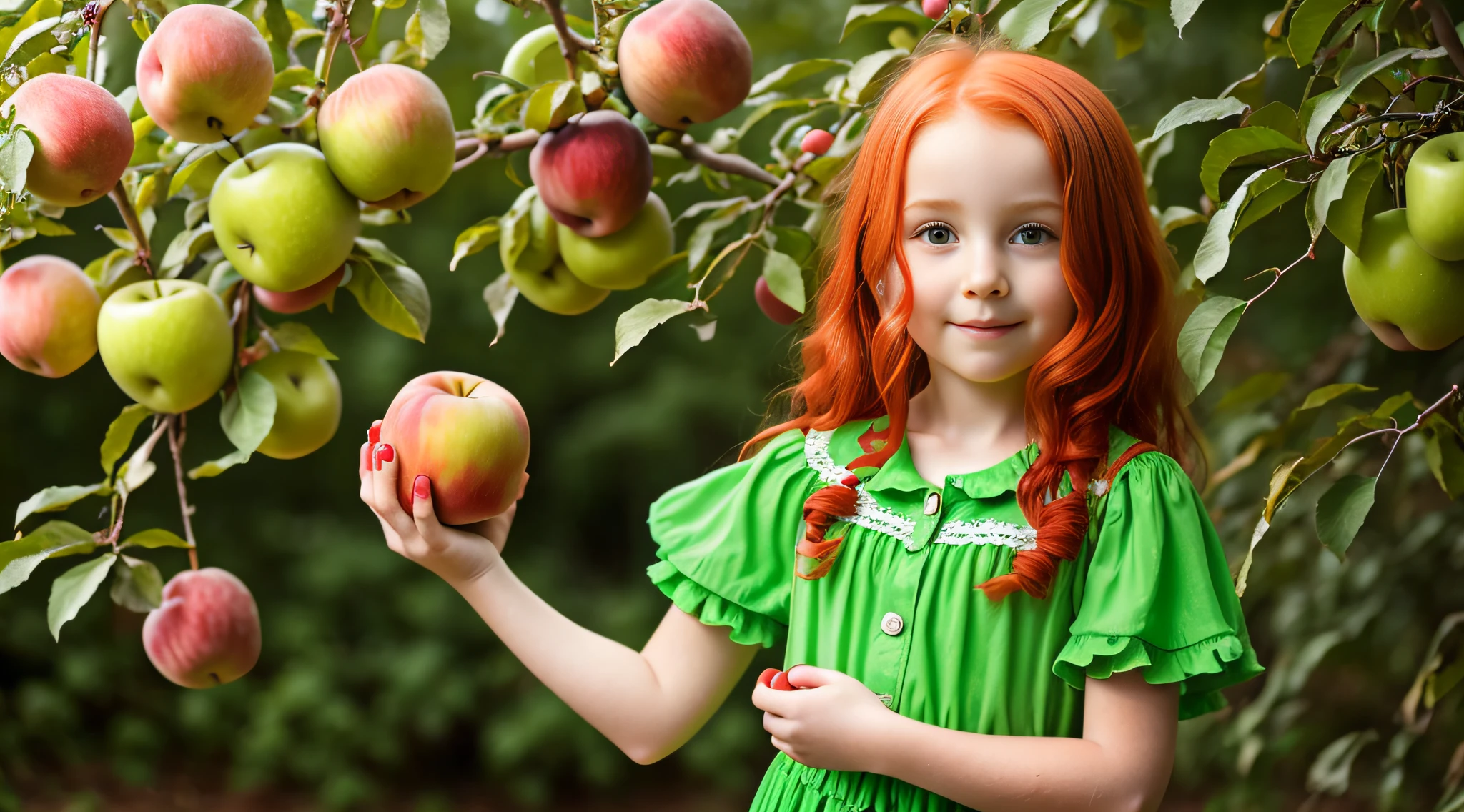 girl CHILD RED HAIR OF STRUTS, HOLDING TWO GREEN APPLES IN FRONT OF HER FACE, HOLDING AN APPLE, EATING ROTTEN FRUIT, A HOLDING APPLE IN HAND, GREEN APPLES, HOLDING MARACAS, WITH APPLE, SLIME, APPLES, SHE IS GUIDING A PEACH, SENTIENT FRUIT, GREEN SLIME, HOLDING EASTER EGGS, PROMO STILL, 3 4 5 3 1, photoshoot