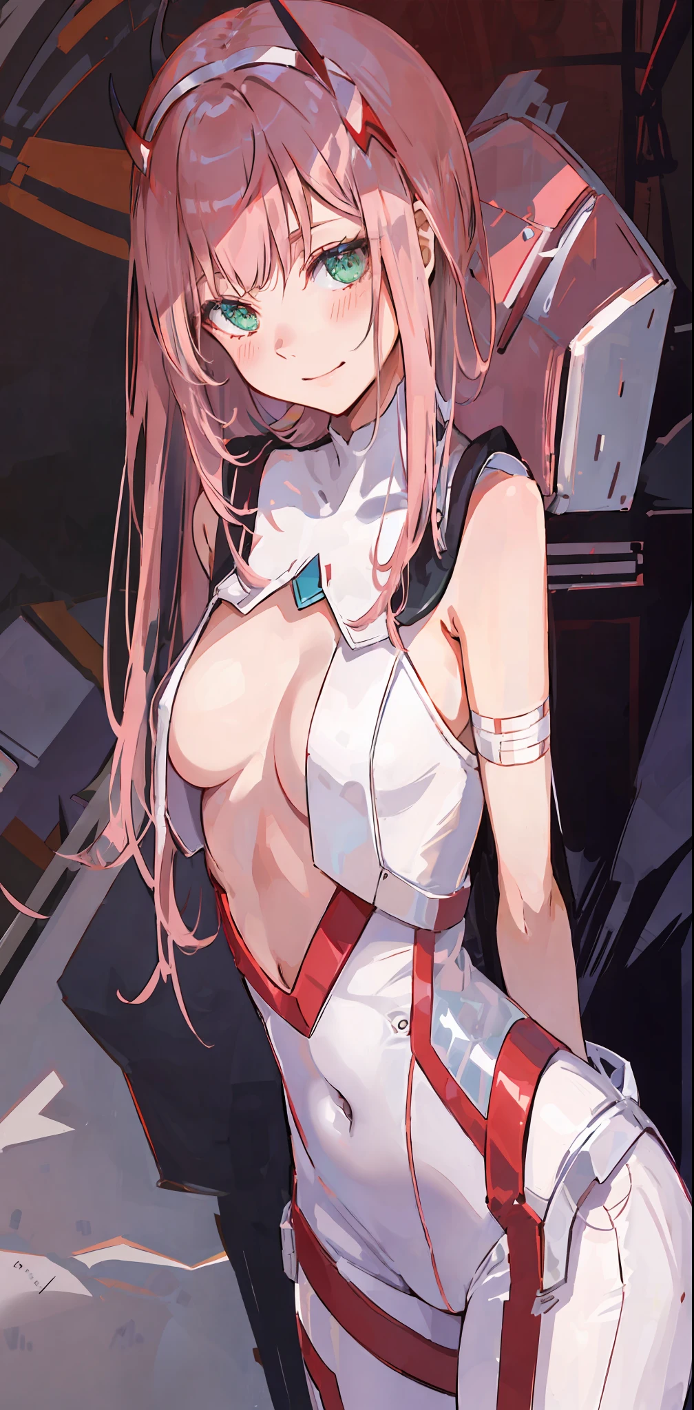 zero two \(darling in franxx\), darling in franxx, 1girl, bangs, bite, blush, navel covered, shadow, green eyes, hair behind head, horns, smile, long hair, looking at the viewer, makeup, small breasts, pilot suit, white suit, pink hair, red eyeshadow, science fiction, tight skin, solo