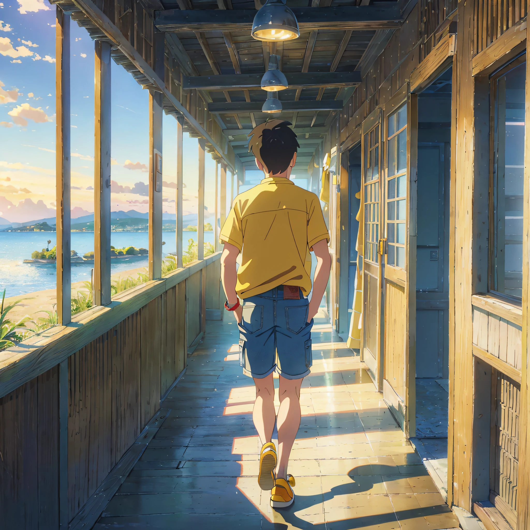 An illustration of a male ager looking at the village wearing (yellow beach shirt, blue jean shorts, yellow slippers, hands in pockets), (twilight), ligne claire, (view from behind), (full body photo), (themed background), studio ghibli style --auto --s2