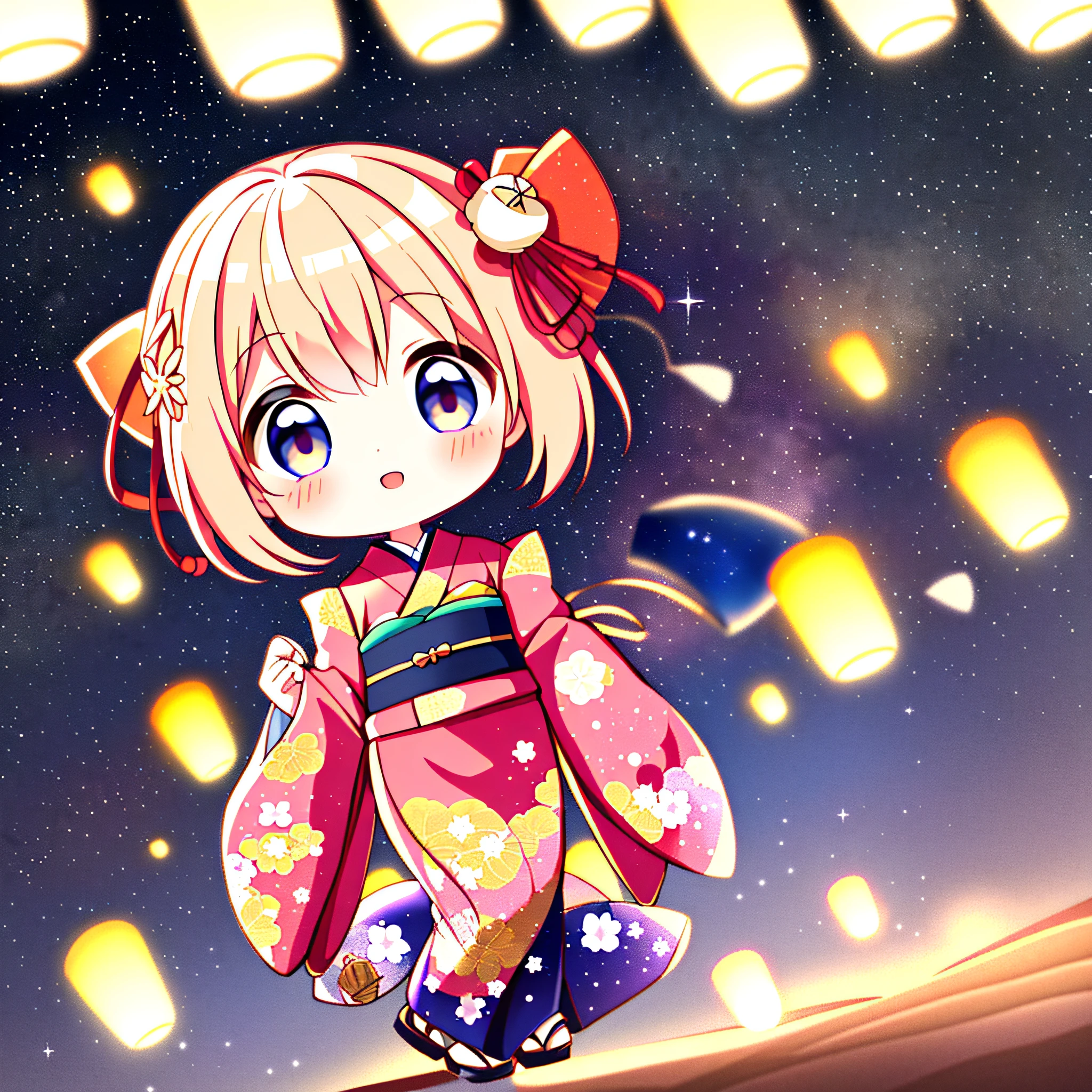 1 girl, (Chibi:1.2), kimono, starry sky, lantern, strip, bamboo ornament, Japan, full body