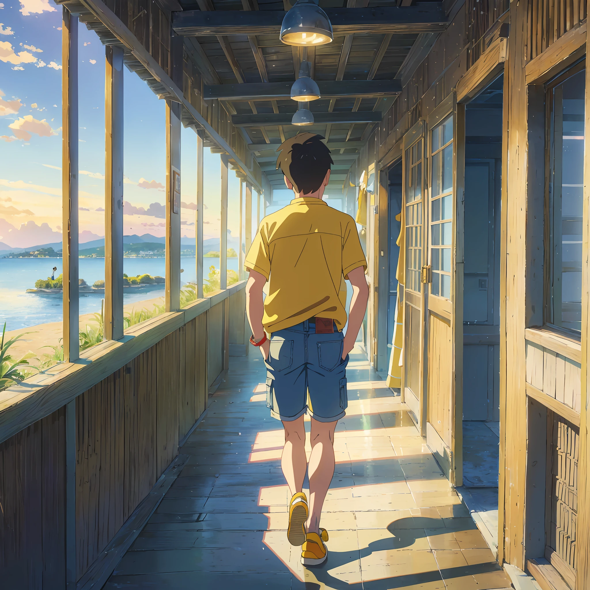 An illustration of a male teenager looking at the village wearing (yellow beach shirt, blue jean shorts, yellow slippers, hands in pockets), (twilight), ligne claire, (view from behind), (full body photo), (themed background), studio ghibli style --auto --s2