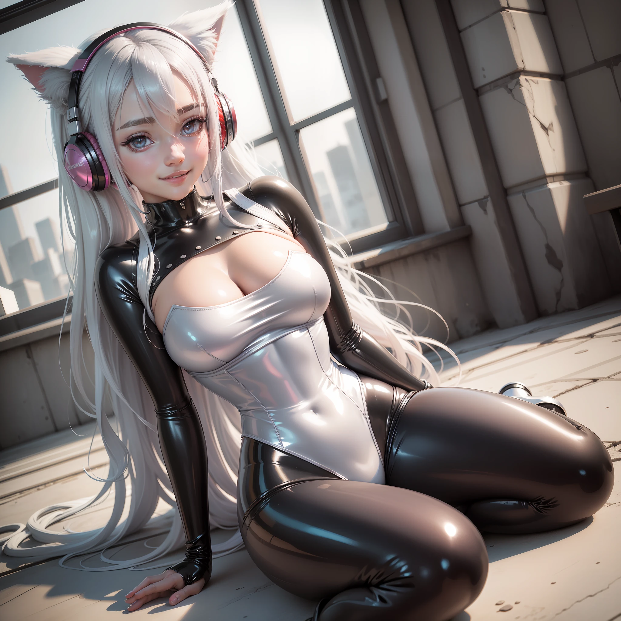 best quality, ultra high res, (photorealistic:1.4),masterpiece,1girl, Kpop idol,(aegyo sal:1.0),puffy eyes,(City of ruins),alice \(nikke\),(pink bodysuit),((animal ear headphones)),(shiny clothes),twintails,(latex bodysuit),(rubber suit),shoes,(cleavage),(slender),((white hair)),(silver hair),(gray hair),((red pupil)),(sitting on floor),(smile),Happy,(long hair),nsfw,depth of field,detail face, shiny skin, nice detailed eyes, heavy eye makeup, slim waist, blush, detailed eye makeup,perfect anatomy, view from below