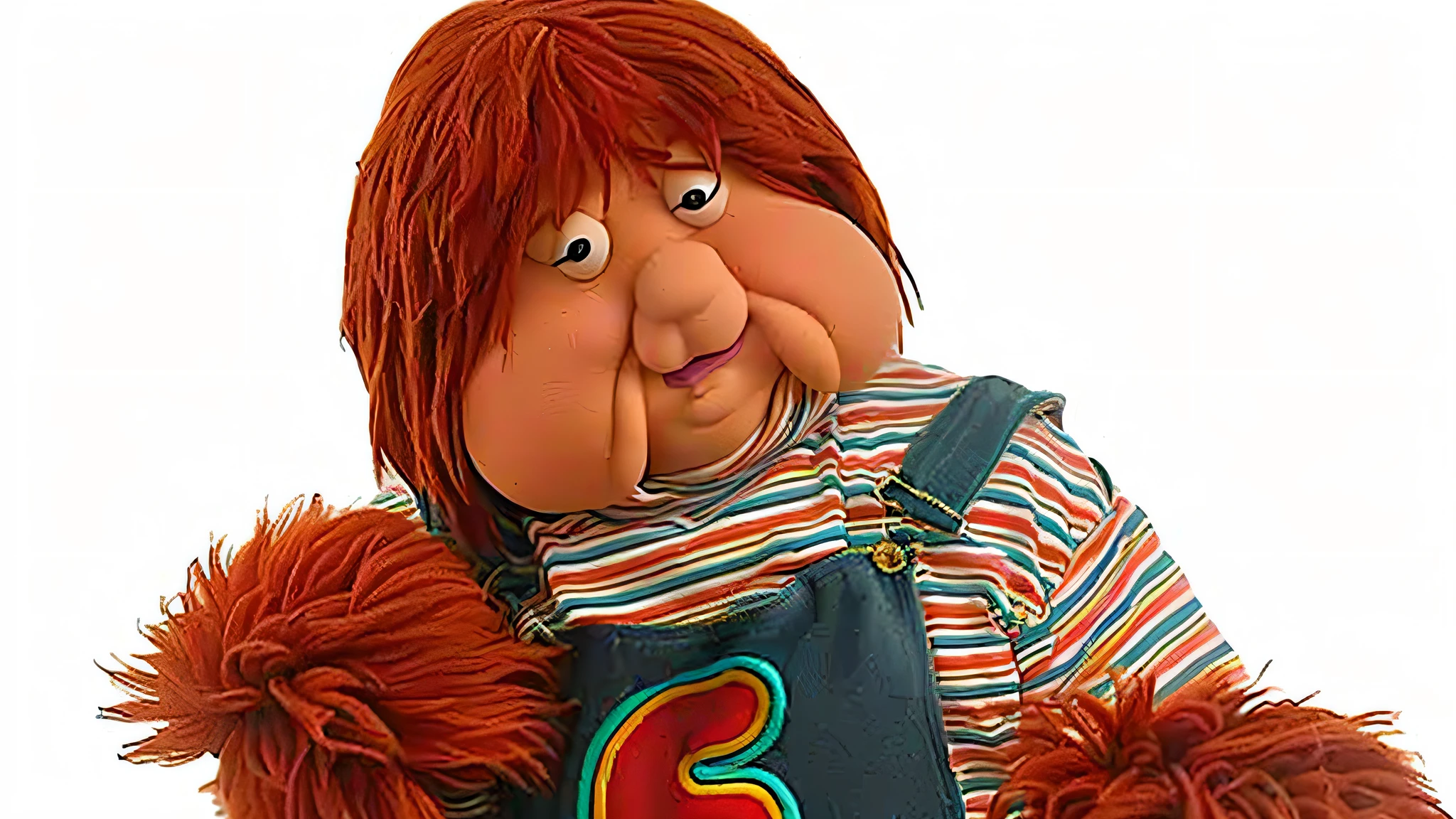 arafed doll with a red hair and a striped shirt, danny devito as a muppet, realistic cloth puppet, as a muppet, peter griffin as a real person, eric cartman in real life, as a claymation character, saul goodman as a muppet, wrinkled big cheeks, chucky style, alf, highley detailled face