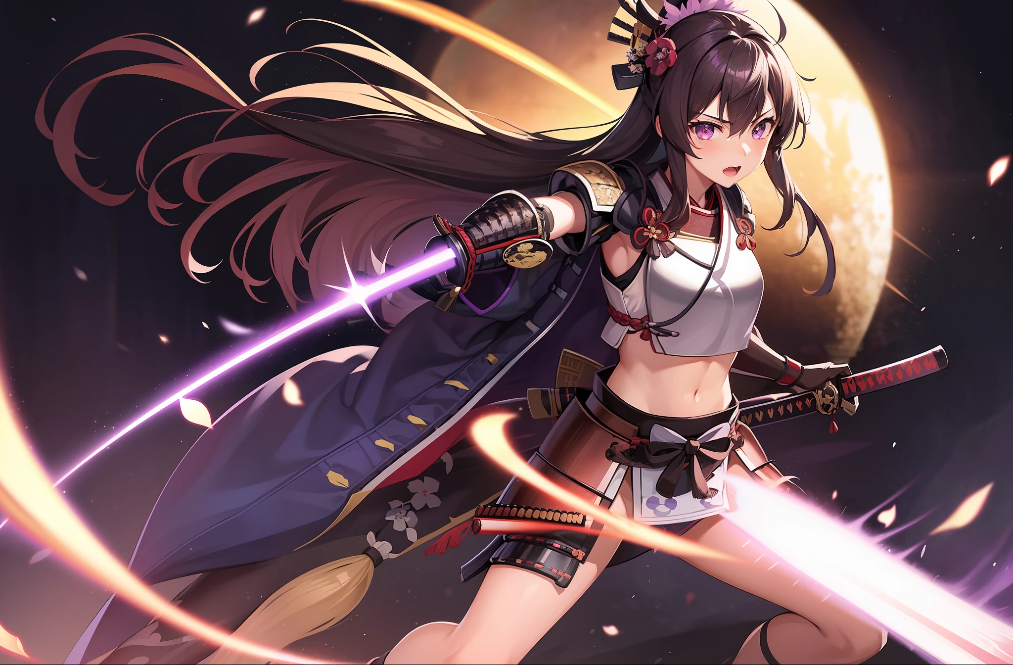 1 girl, solo, Kisaragi from Kancolle, (((samurai armor))), standing, fighting stance, sword strike, katana, detailed eyes, sparkling eyes, masterpiece, best quality, full body, midriff, purple eyes, shiny brown hair, purple flower in hair, tall, long hair, straight hair, hair between eyes,
