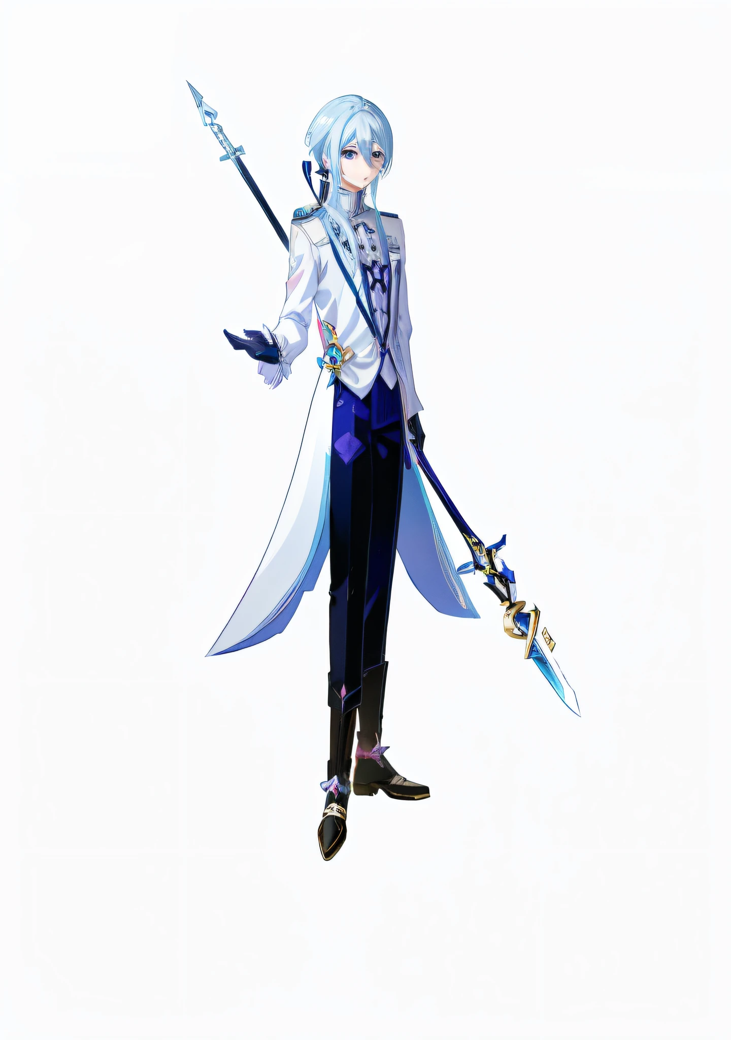 Anime characters with blue hair and sword in white costume, Genshin Impact Kokiyo, Genshin Impact character, Remreze, Genshin Impact, Genshin Impact Nakatachi, Detailed Key Anime Art, Exquisite Hermaphroditic Prince, Muneshima Shigeri illustration, Genshin Impact style, Beautiful Hermaphroditic Prince, Key Anime Art, Genshin Impact