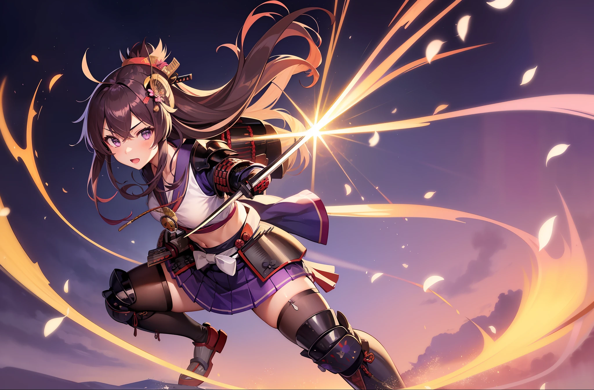 1 girl, solo, Kisaragi from Kancolle, (((samurai armor))), standing, fighting stance, sword strike, katana, detailed eyes, sparkling eyes, masterpiece, best quality, full body, midriff, purple eyes, shiny brown hair, purple flower in hair, tall, long hair, straight hair, hair between eyes,