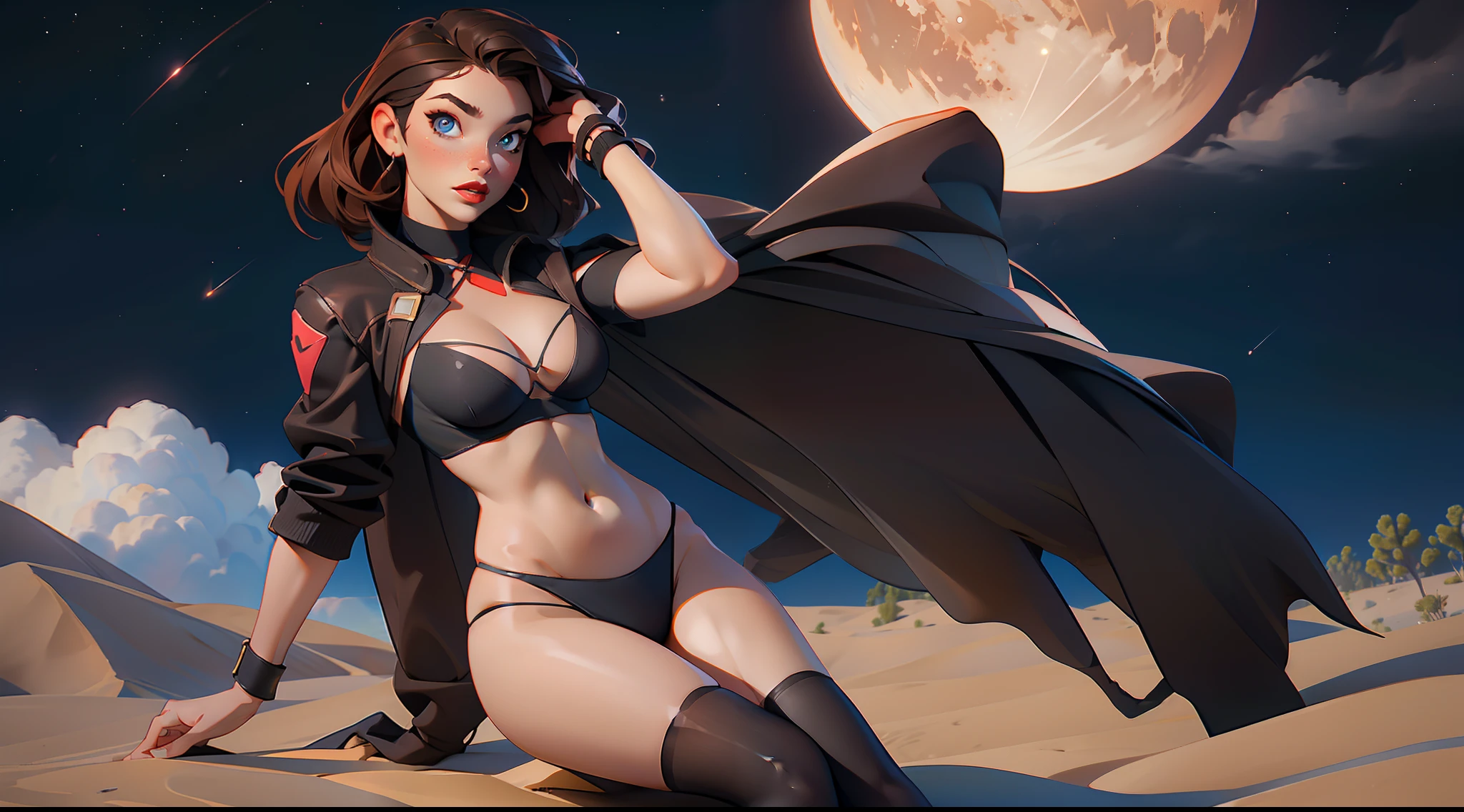 1 girl, ig model, looking far away, hand in her hair, lewd face, sexy, cleavage, brown hair, brunette, blue eyes, red lips, collar, black bikini, black skirt, black panties, black bra, thigh highs, arm band, armpits, large breasts, wide hips, thick thighs, muscles, abs, no teeth, beautiful face, realistic, ray traced, beautiful eyes, red lipstick, desert, sand, night, stars, moon, clouds