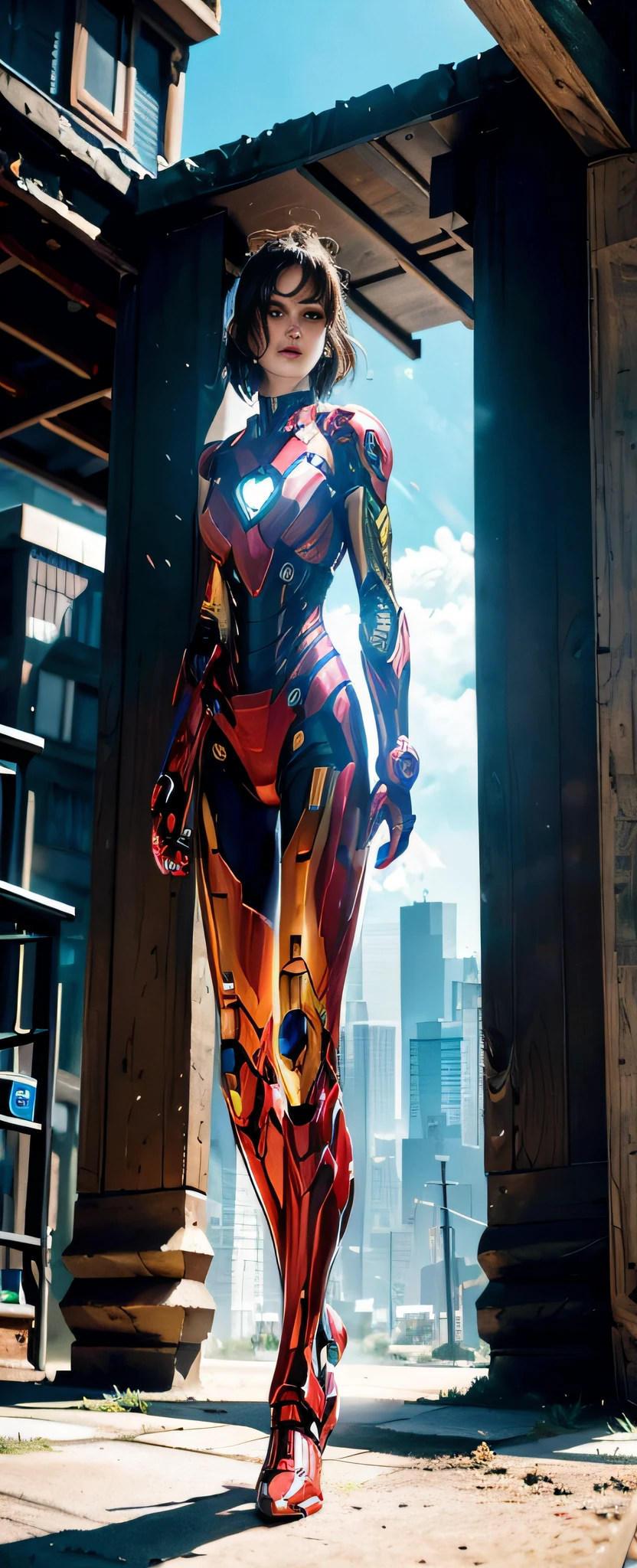 araffed woman in a suit of iron man standing in front of a building, iron man, like ironman, cyberpunk iron man, ironman, hq 4k wallpaper, emma watson as iron man, cinematic body shot, cinematic full body shot, hero pose colorful city lighting, marvel style, covered in full metal armor, hq 4k phone wallpaper