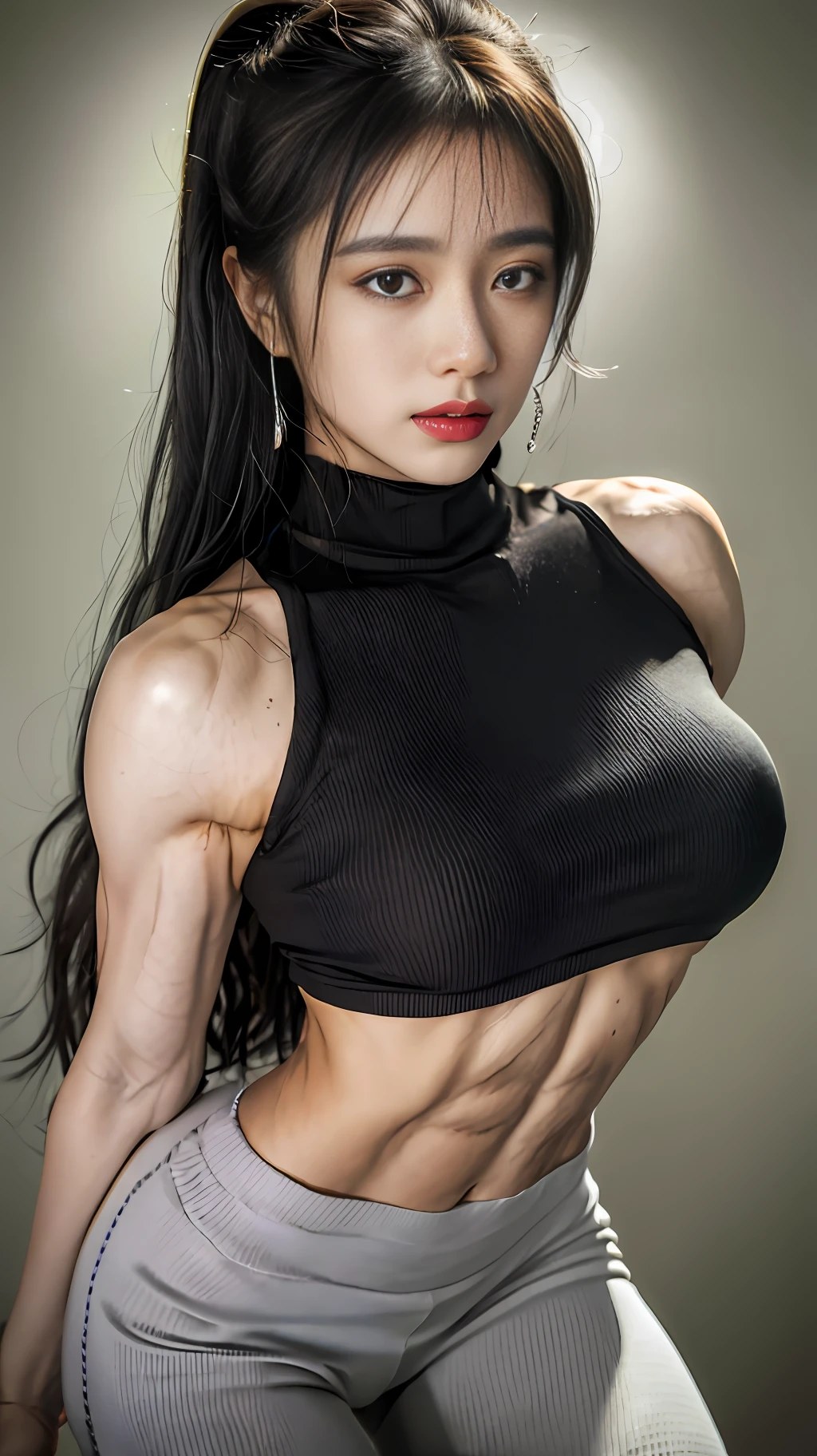girl, bangs, bare shoulders, black pants, breasts, breasts squeezed together, gray background, hair between eyes, long hair, view viewer, pants, parted lips, red eyes, shirt, simple background, sleeveless, sleeveless shirt, solo, turtleneck, V-arms, gray hair, (shiny skin), (masterpiece: 1.4), (best quality: 1.4), ,,, Facigirl, red lips, perfect abs, navel, (:1.5), (transparent areola), , huge, sweat, (stroking your own pose)