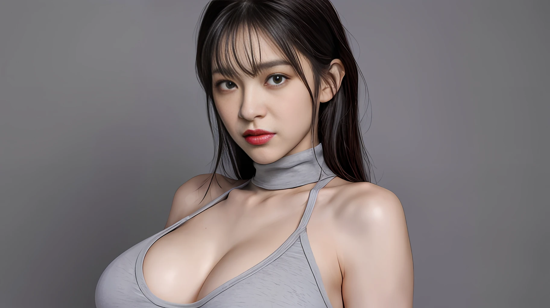 girl, bangs, bare shoulders, black pants, breasts, breasts squeezed together, gray background, hair between eyes, long hair, view viewer, pants, parted lips, red eyes, shirt, simple background, sleeveless, sleeveless shirt, solo, turtleneck, V-arms, gray hair, (shiny skin), (masterpiece: 1.4), (best quality: 1.4), ,,, Facigirl, red lips, perfect abs, navel, (:1.5), (transparent areola), , huge, sweat, (stroking your own pose)