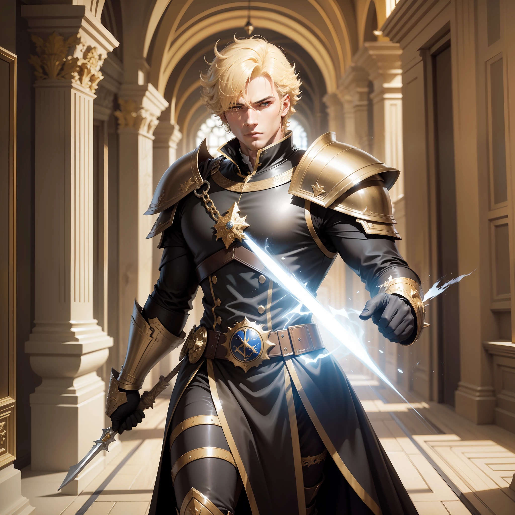 Realistic image of a strong, blond man, short black curly hair, dressed in black cleric's costumes with shoulder pads, anime character style art, combat posture in a hallway of a royal palace, panting