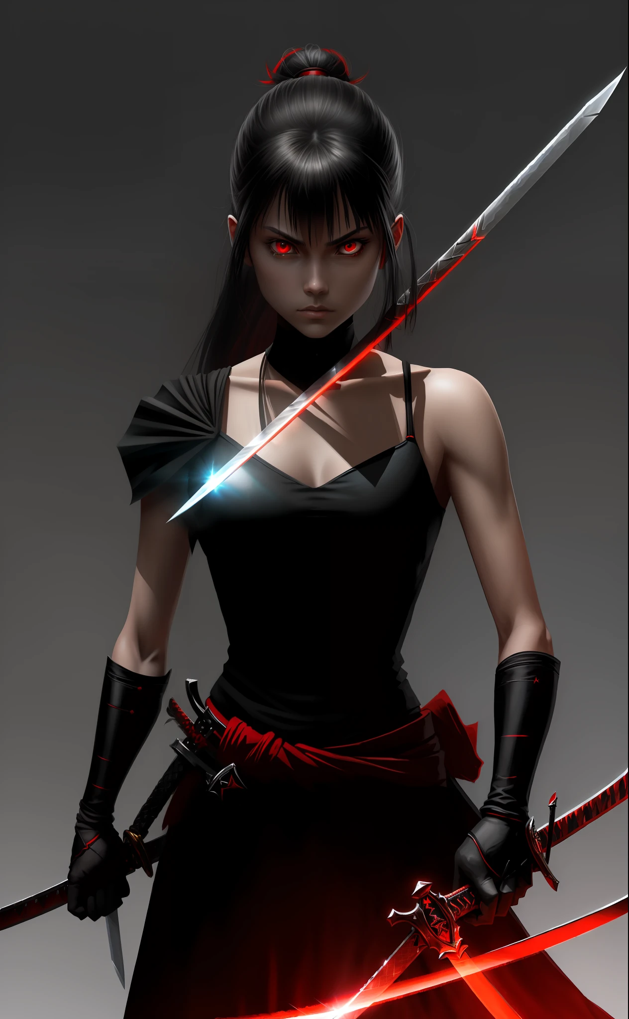 a closeup of a knife with a red light on it, katana, black and red fantasy sword, sword design, zero katana, blade design, shiny sword, holographic blade!, reflective swinging katana, red and obsidian neon, flaming katana, war blade weapon, double swords, chainsaw sword katana, raytraced blade, fantasy blade, ((((without people only the sword))))