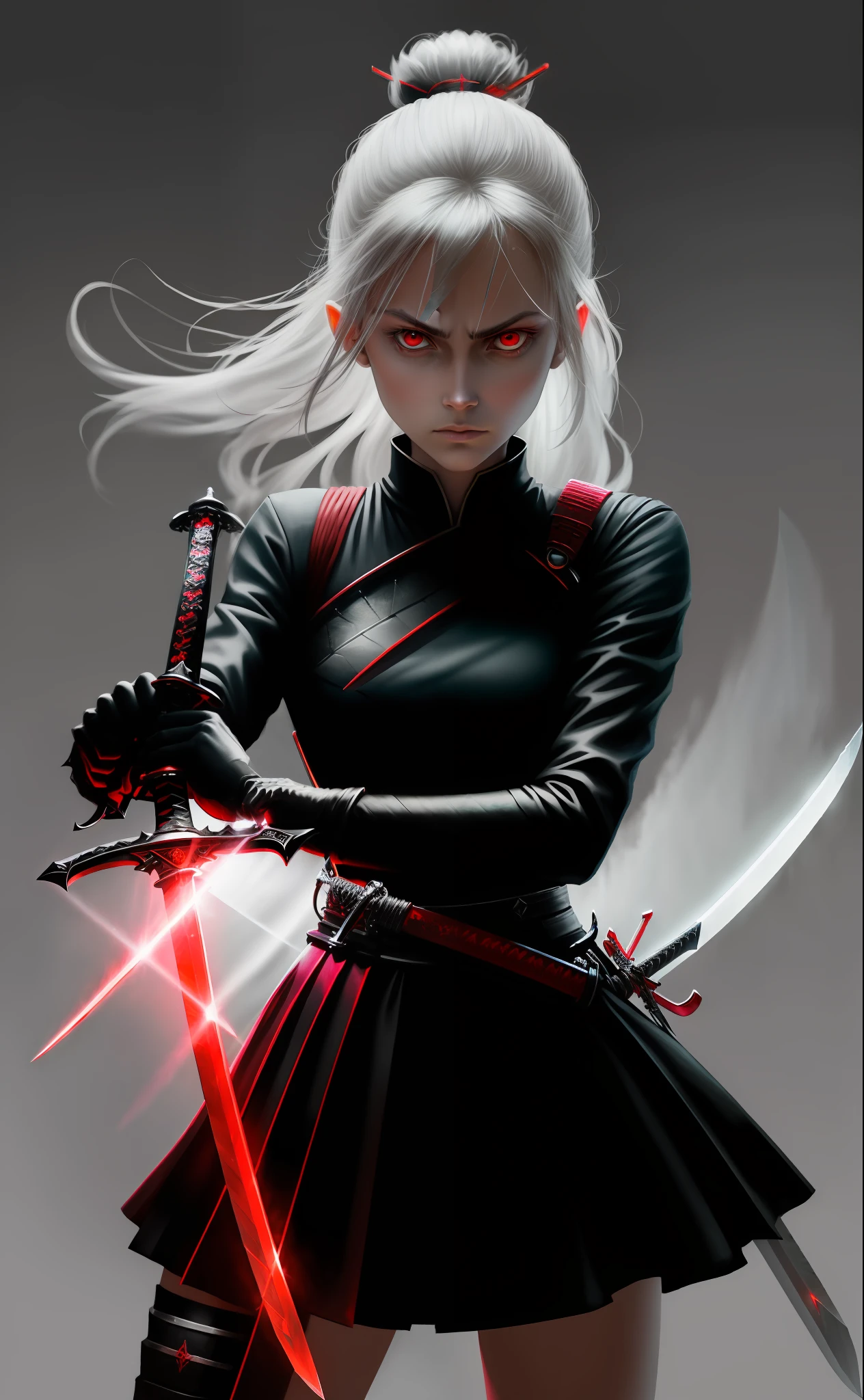 a closeup of a knife with a red light on it, katana, black and red fantasy sword, sword design, zero katana, blade design, shiny sword, holographic blade!, reflective swinging katana, red and obsidian neon, flaming katana, war blade weapon, double swords, chainsaw sword katana, raytraced blade, fantasy blade, ((((without people only the sword))))