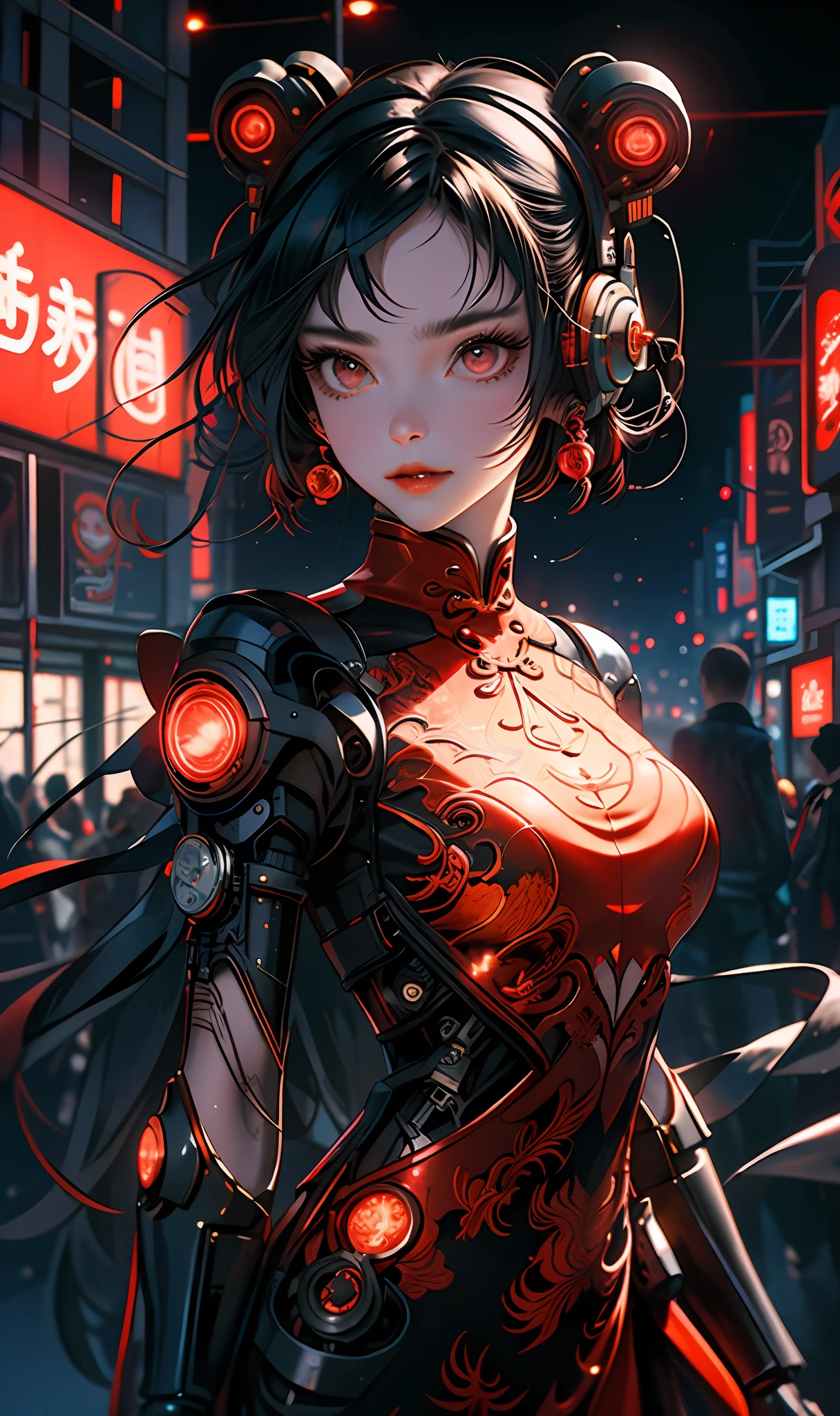 1 girl, Chinese_clothes, liquid black titanium and red, cyberhan, cheongsam, cyberpunk city, dynamic pose, detailed luminous headphones, luminous hair accessories, long hair, luminous earrings, luminous necklace, cyberpunk, high-tech city, full of mechanical and futuristic elements, futuristic, technology, glowing neon, red, red light, transparent black tulle, black ribbon, laser, digital background urban sky, big moon, with vehicles, best quality, masterpiece, 8K, character edge light, Super high detail, high quality, the most beautiful woman in human beings, micro smile, face facing front left and right symmetry, ear decoration, beautiful pupils, light effects, visual data, dark black hair, super detailed face texture, bright leather red gloves, elevation shooting, surreal light and shadow, complex brush strokes, complex lines, background night