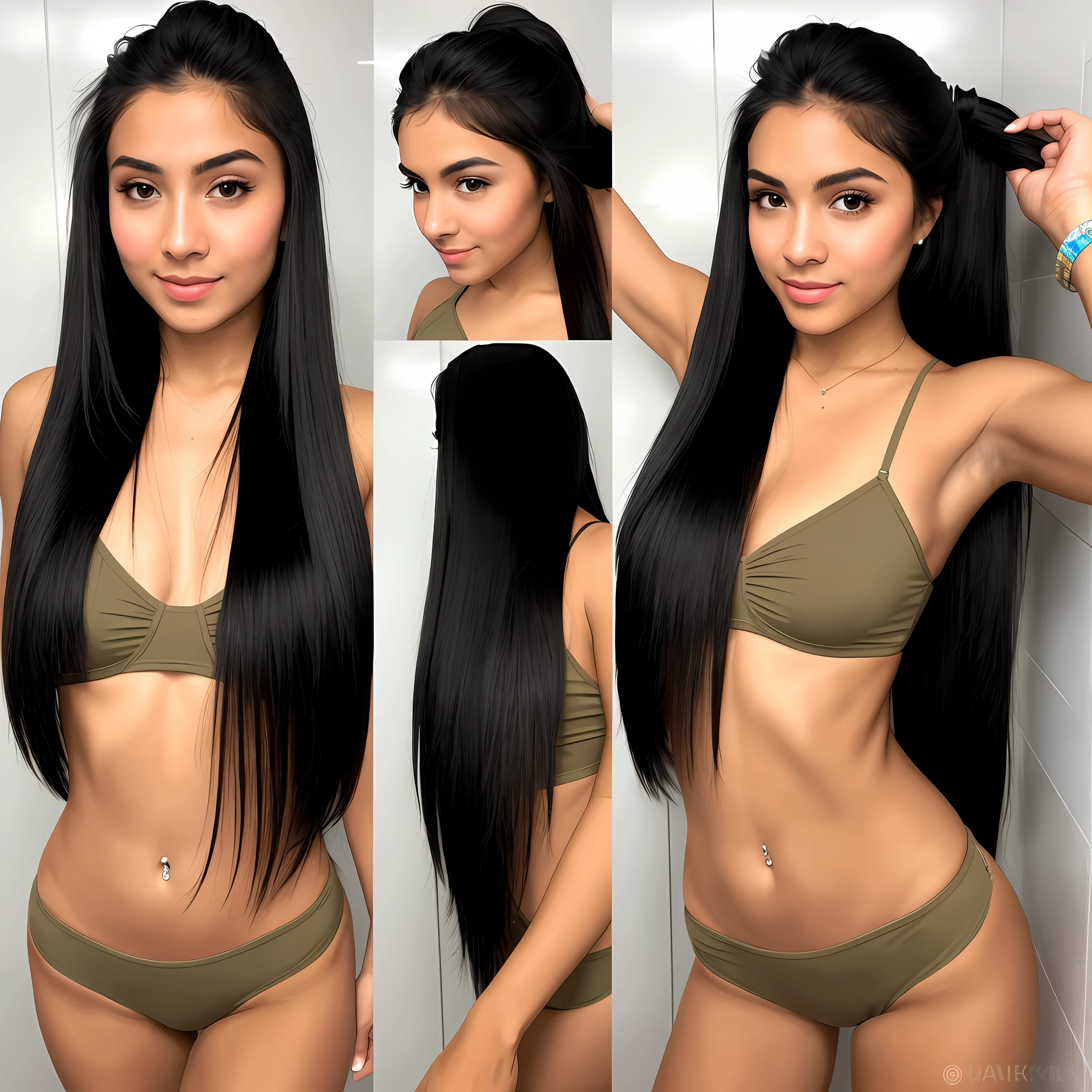 (masterpiece), (hyperrealistic) best quality, expressive eyes, perfect face, real person, realistic detailed anatomy,open pores, high resolution, sharp focus, Nikon d850, 32k uhd, dslr, dancing in bathroom stall. 
A 18yo Mexican ballerina. She is extremely shy introverted and haughty. She has a light olive skintone. Extremely long straight fine jet black hair. She has a petite, diminutive, tight body. She has a tiny, slight, slender body. Her hair is in a tight ponytail.
