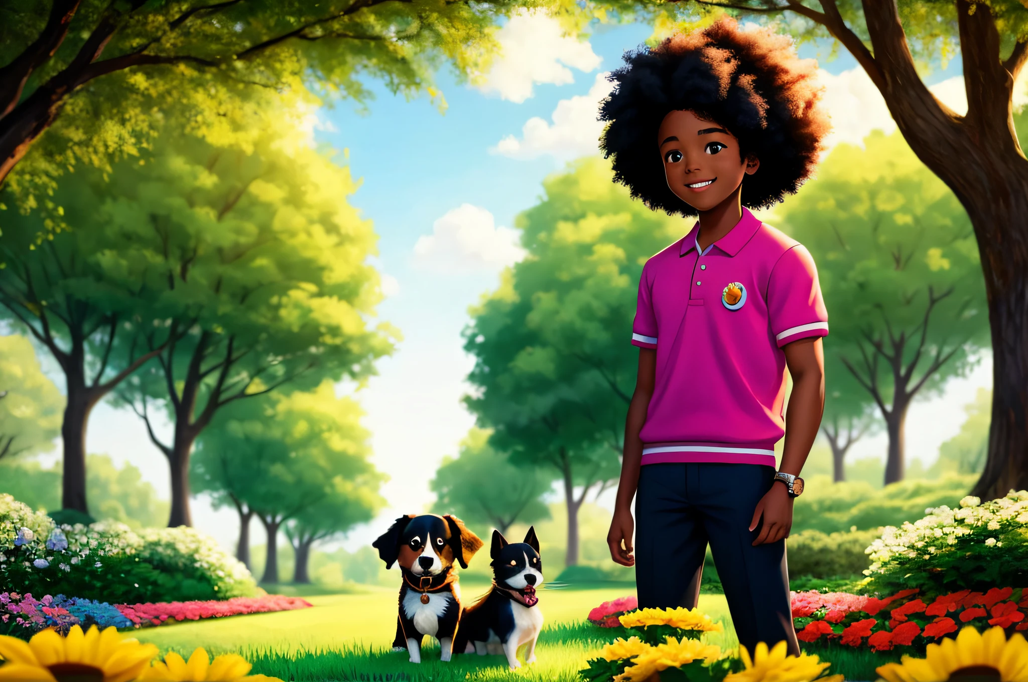 A smiling cartoon character holding a small dog in a city park, trees and flowers in the background, black girl, movie art, clean photo, Ghailan!, as a Pixar character, handsome young man, afro hair, grace and blessing, rendered in unreal, movie promotional image, rendered image