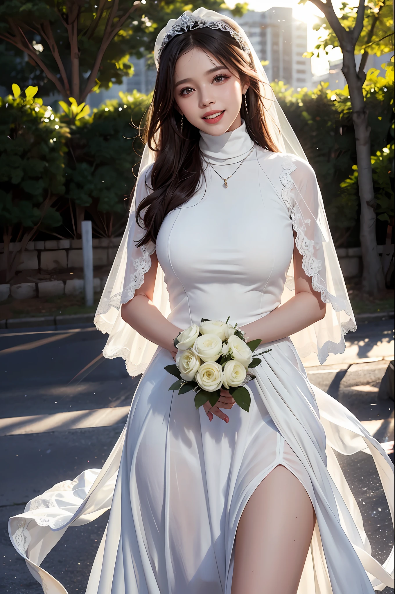 1 girl,, (huge laughter), sweet, sun glare, conservatively dressed, turtleneck lace maxi dress, bridal veil, bokeh, depth of field, blurred background, light particles, strong wind, head tilt,