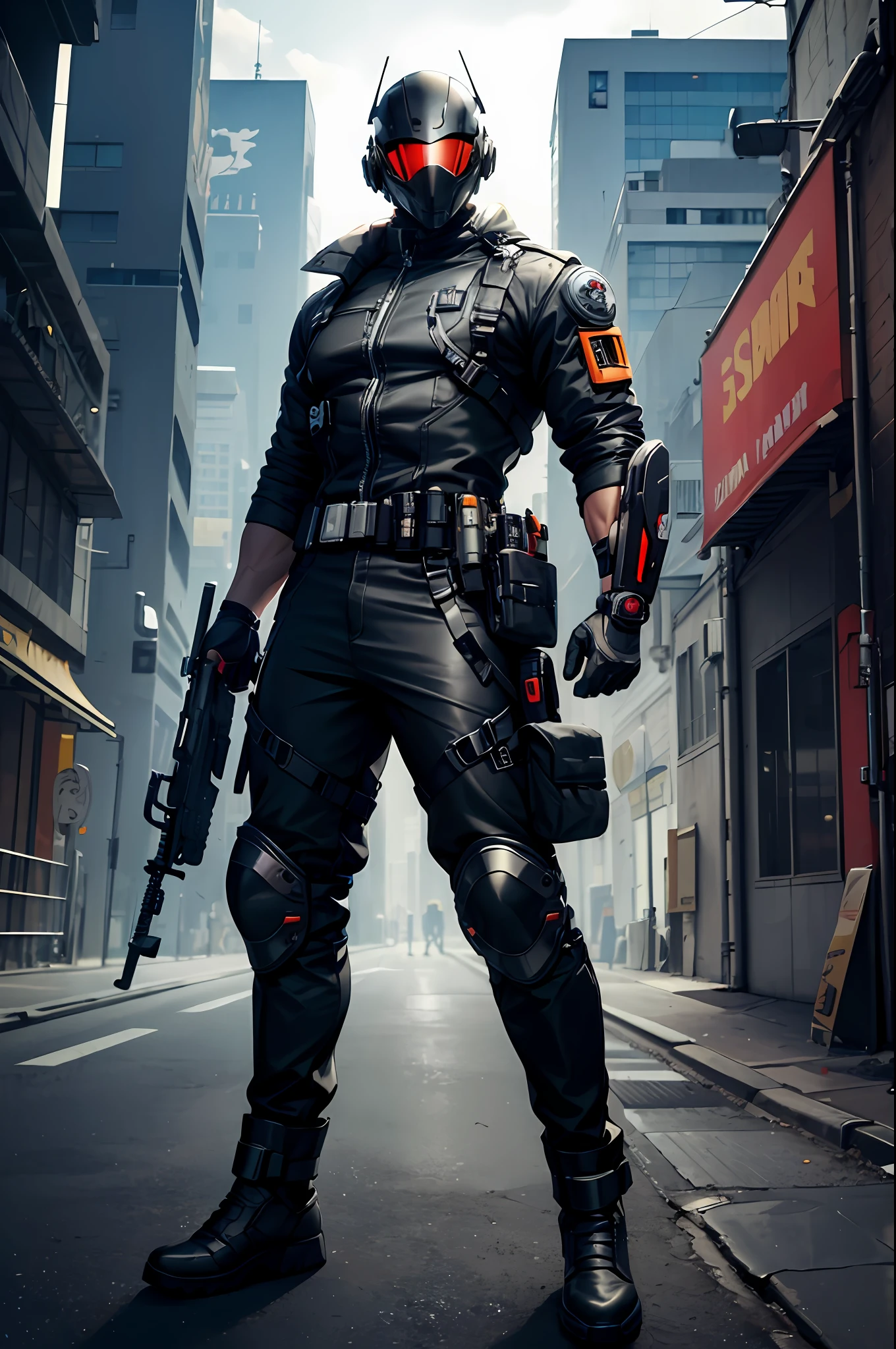 (masterpiece, high quality, 8K, full body) male, muscular male, muscle detail, faceless, faceless male, masked, helmet, cyberpunk mask, cyberpunk helmet, helmet covering all of face, googly eyes on helmet, engineer outfit, safety jacket, longpants, gloves, safety belts, boots, dynamic pose, machine background