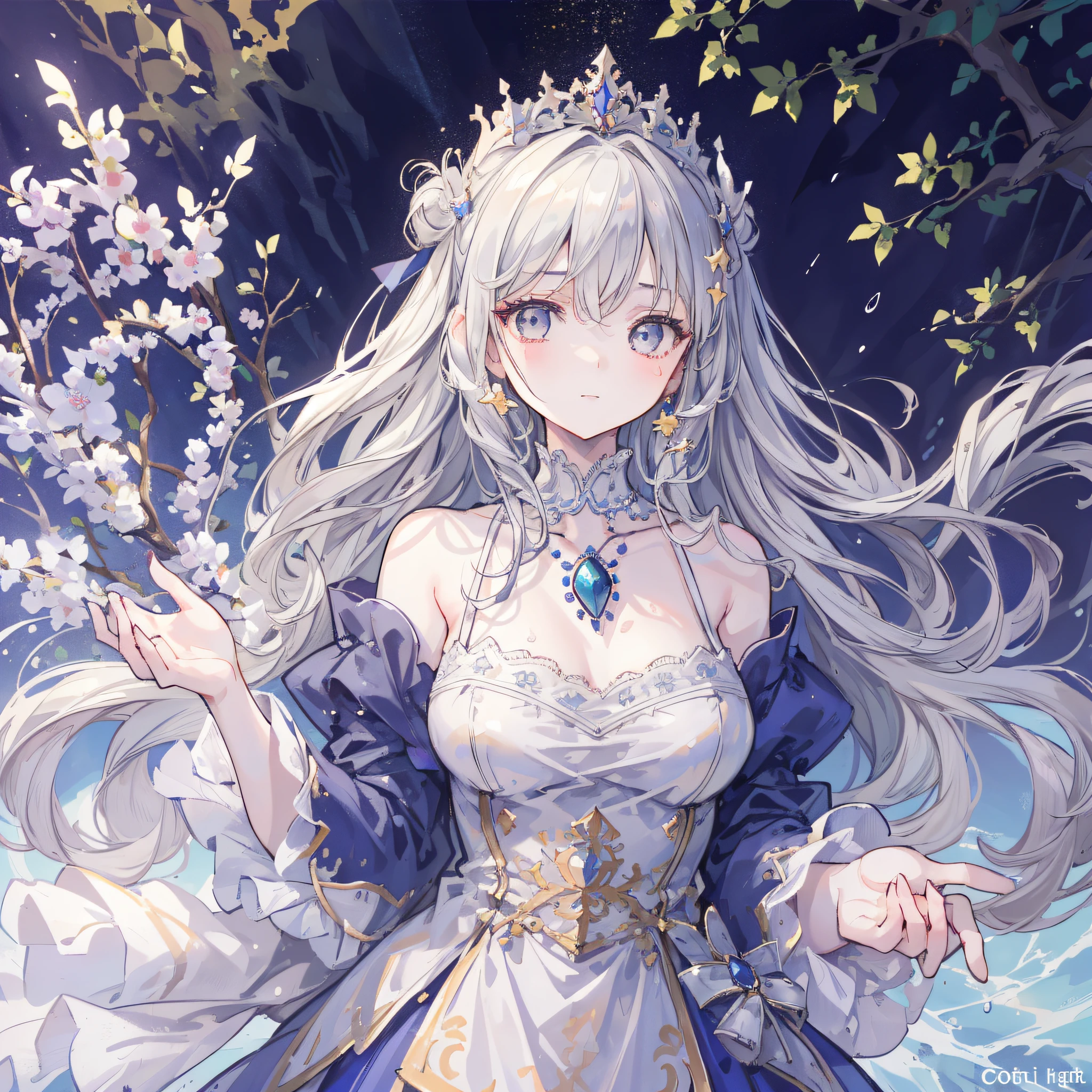 (masterpiece), (best quality), (1 girl)), amazing, beautiful detail eyes, fine details, depth of field, original, (best quality), (super detailed), (best illustration), (best lighting, best shadow), (very delicate and beautiful)), very detailed wallpaper, dream background, from view, landscape, young girl, loli, full body, long white hair, ((gray eyes)), beautiful detail eyes, medium breasts, (((cobalt long dress)), fluffy long sleeves, hair accessories, necklace, summer, light, light makeup, outdoor, wind blowing, floating, giggling, wet, halo, magic circle, on the cabinet