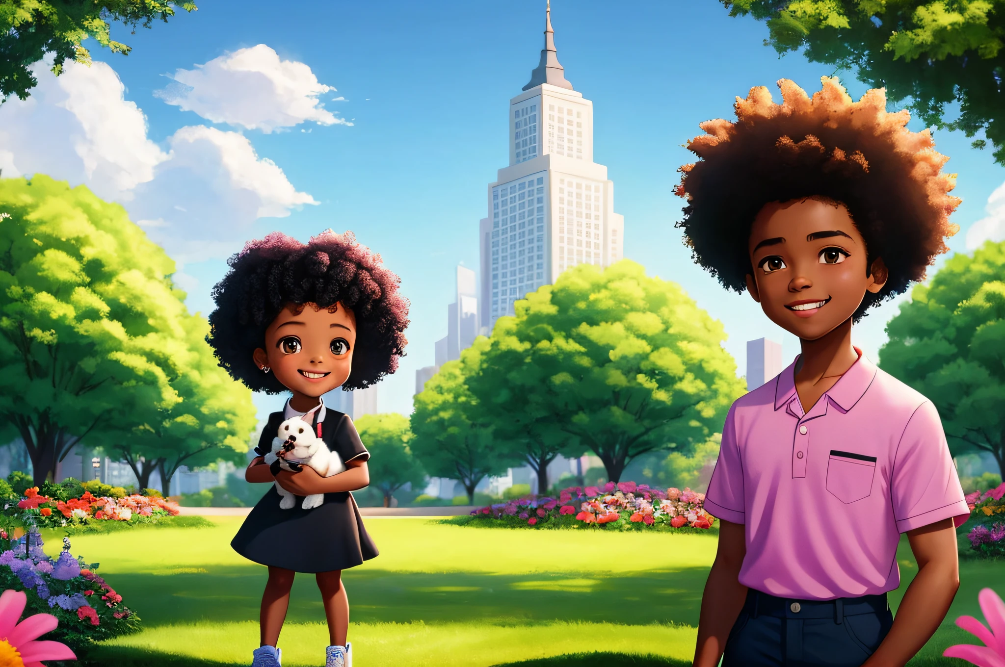 A smiling cartoon character holding a small dog in a city park, trees and flowers in the background, black girl, movie art, clean photo, Ghailan!, as a Pixar character, handsome young man, afro hair, grace and blessing, rendered in unreal, movie promotional image, rendered image