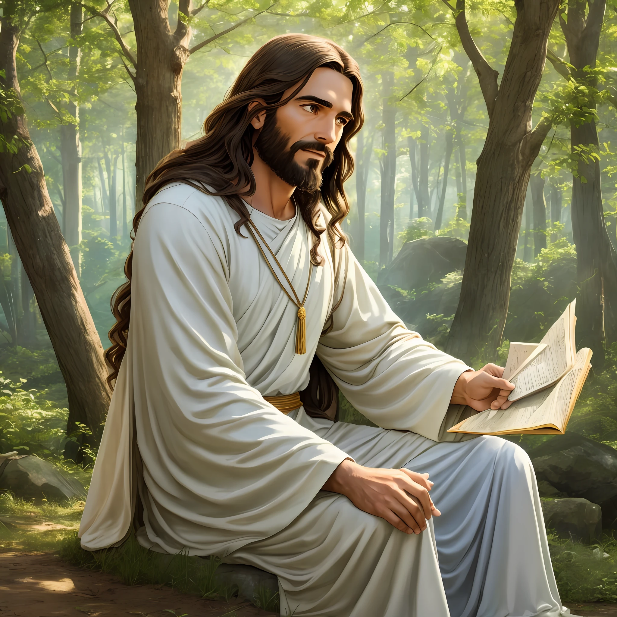 Jesus teaching the crowd with divine wisdom and unconditional love, in the midst of a beautiful natural setting with divine light, to transmit hope and peace to the world. --auto --s2
