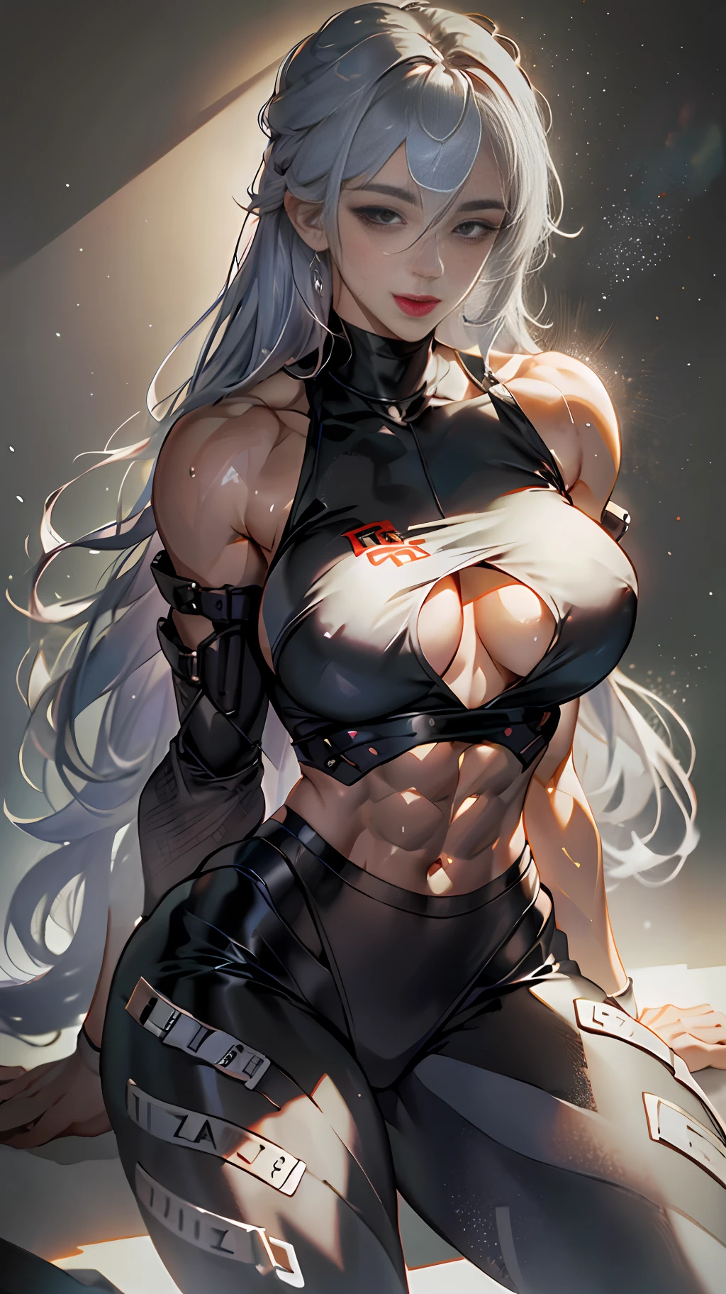 girl, bangs, bare shoulders, black pants, breasts, breasts squeezed together, gray background, hair between eyes, long hair, view viewer, pants, parted lips, red eyes, shirt, simple background, sleeveless, sleeveless shirt, solo, turtleneck, V-arms, gray hair, (shiny skin), (masterpiece: 1.4), (best quality: 1.4), ,,, Facigirl, red lips, perfect abs, navel, (:1.5), (transparent areola), , huge, sweat, (stroking your own posture)