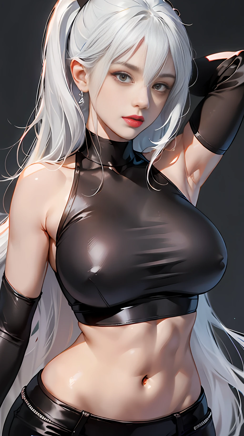 girl, bangs, bare shoulders, black pants, breasts, breasts squeezed together, gray background, hair between eyes, long hair, view viewer, pants, parted lips, red eyes, shirt, simple background, sleeveless, sleeveless shirt, solo, turtleneck, V-arms, gray hair, (shiny skin), (masterpiece: 1.4), (best quality: 1.4), ,,, Facigirl, red lips, perfect abs, navel, (:1.5), (transparent areola), , huge, sweat, (stroking your own posture)