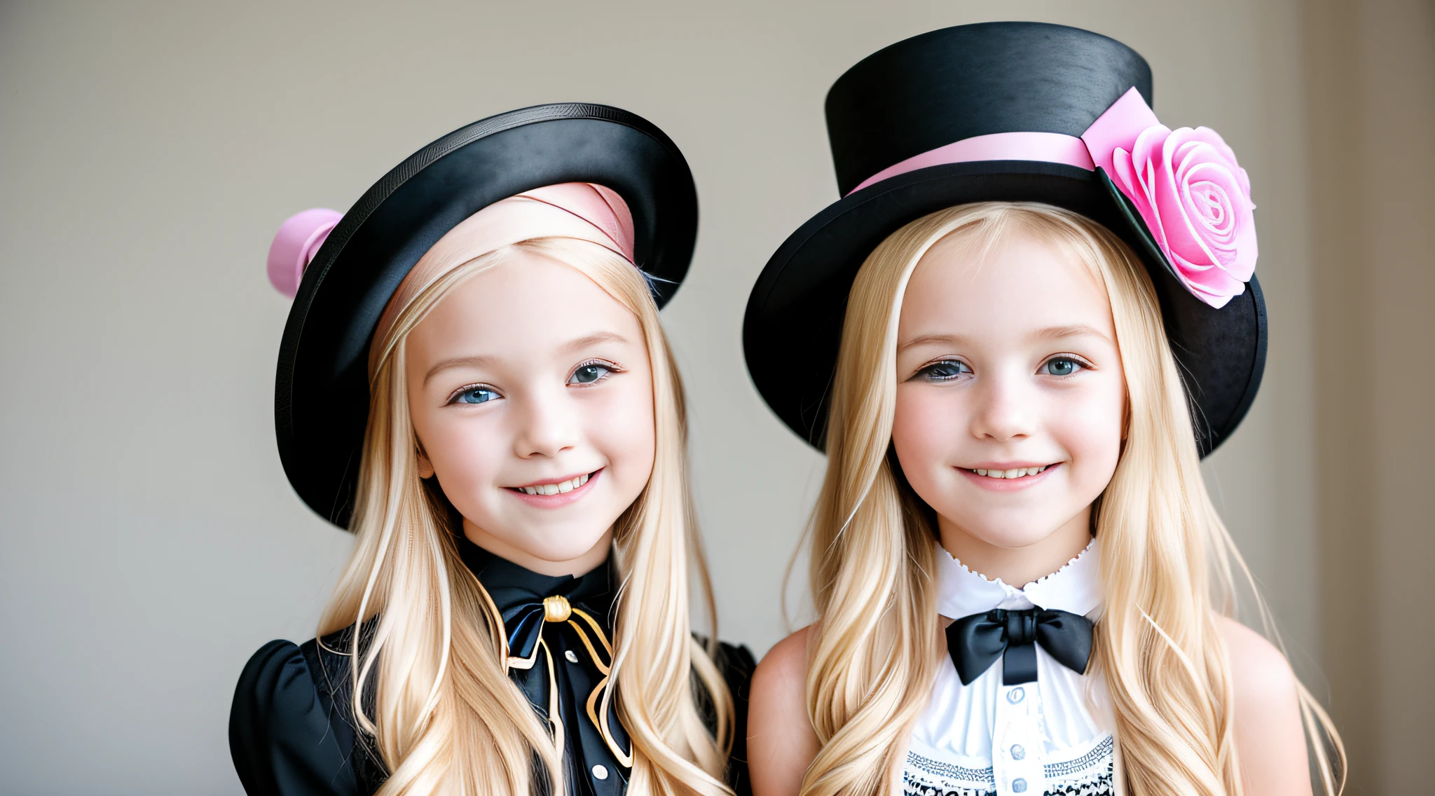 Girl child blonde long hair, with straps and top hat smiling, wearing a top hat, wearing a chocker and cute hat, wearing a party hat, wearing a silly hat, fancy funny hat, fancy flashy hat, wearing a pink headband, wearing a cute hat, with hat, kids, closeup of an adorable, wearing a top hat, she is wearing a hat